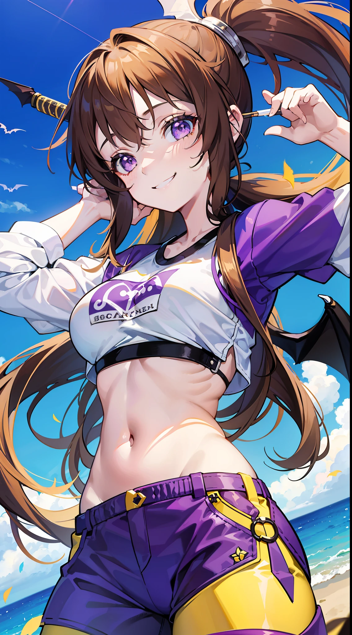 young girl, Long brown hair, high ponytail, yellow and purple eyes, white tight top, open belly, open breasts, fishing net, tight purple pants, Bat wings, Smile, Masterpiece, hiquality, 4k, HD, Good detail