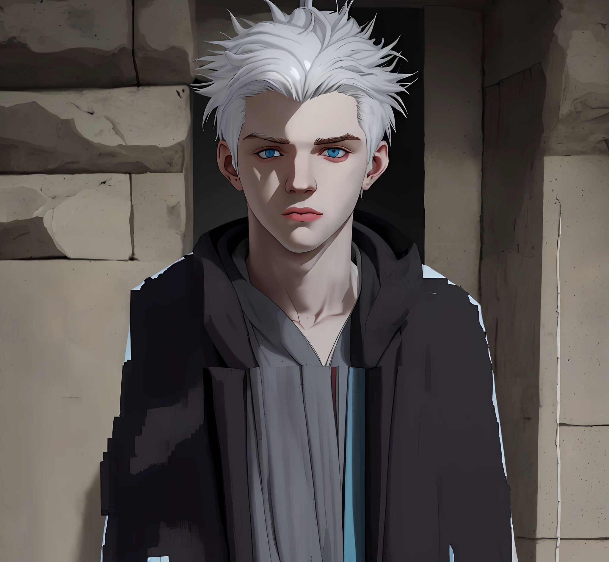 Pale russian boy with white hair standing on end, olhos azuis, vestindo um casaco marrom moderno, frio, calmo, jovem