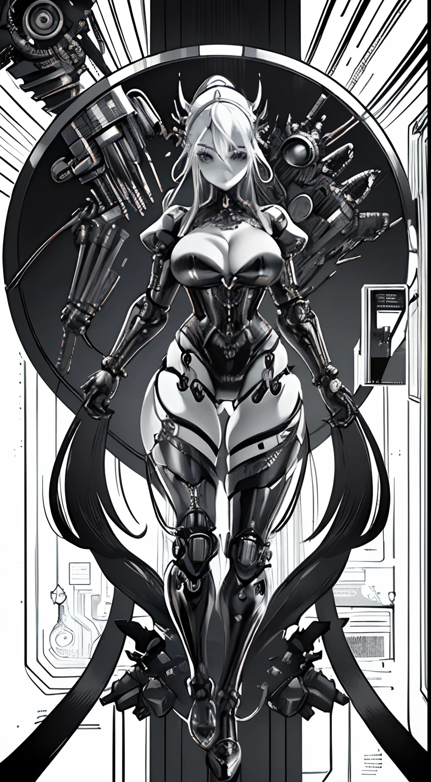 monochrome, greyscale, Cute 1girl biomechanical steampunk fight cyborg woman ,full body steampunk、cleavage is visible、(wearing futuristic clothing (tangerine:0.3) Her intricate and detailed anatomically sculpted biomechanical steampunk body, (Biomechanical steampunk cyborg grady、Complex and detailed anatomical sculpted with goth detail).Futuristic headset、(Anatomically sculpted biomechanical steampunk cyborg、More on the elegant and glamorous goth loliles, Wires and microchips are、Skillfully on her female cyborg body) Slender hot fit body with a gorgeous young round face, expressive big round eyes, images, monochrome, greyscale