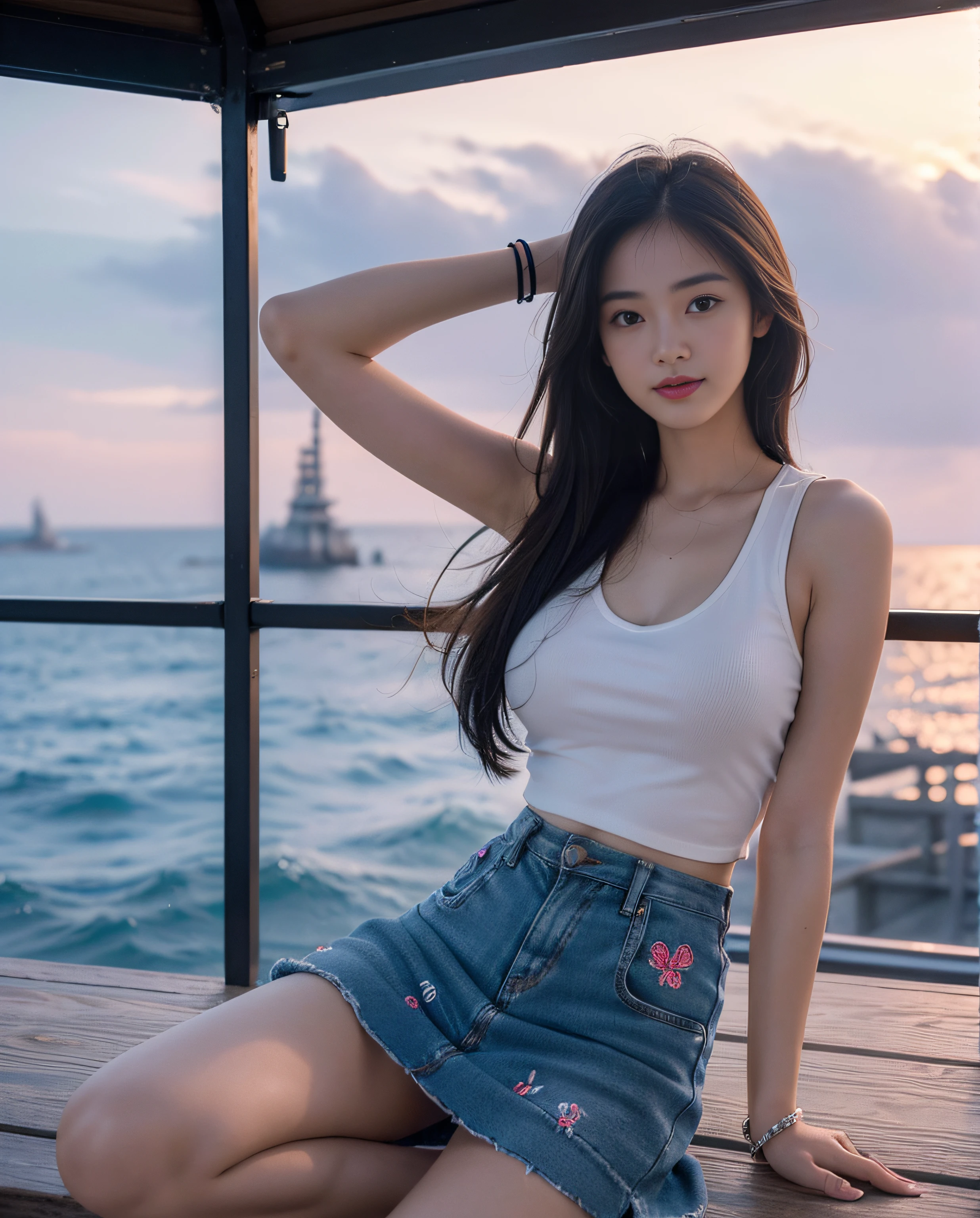 one japanese woman, solo, (nsfw, real face, best quality real texture skin, beautiful nipple, beautiful areola, masterpiece, beautiful face, 16k, best quality), facing straight at viewer, front view),
The sun about to set over the sea at dusk:1.2,
(The background is the seaside park with a view of the ocean),
(extremely large pubic hair:2.0, hyper detailed pubic hair),
smile,
(wearing the extremely deep V-neck tank top, the tank top with extremely cute design from a famous designer, the Tank top with a beautiful material pattern and a cute print),
(wearing the mini skirt with an extremely cute design from a famous designer, the Mini skirt with a little cute embroidery by a famous designer),
wearing bracelets, wearing anklets, wearing old high heels),
very extremely large pubic hair:1.8,