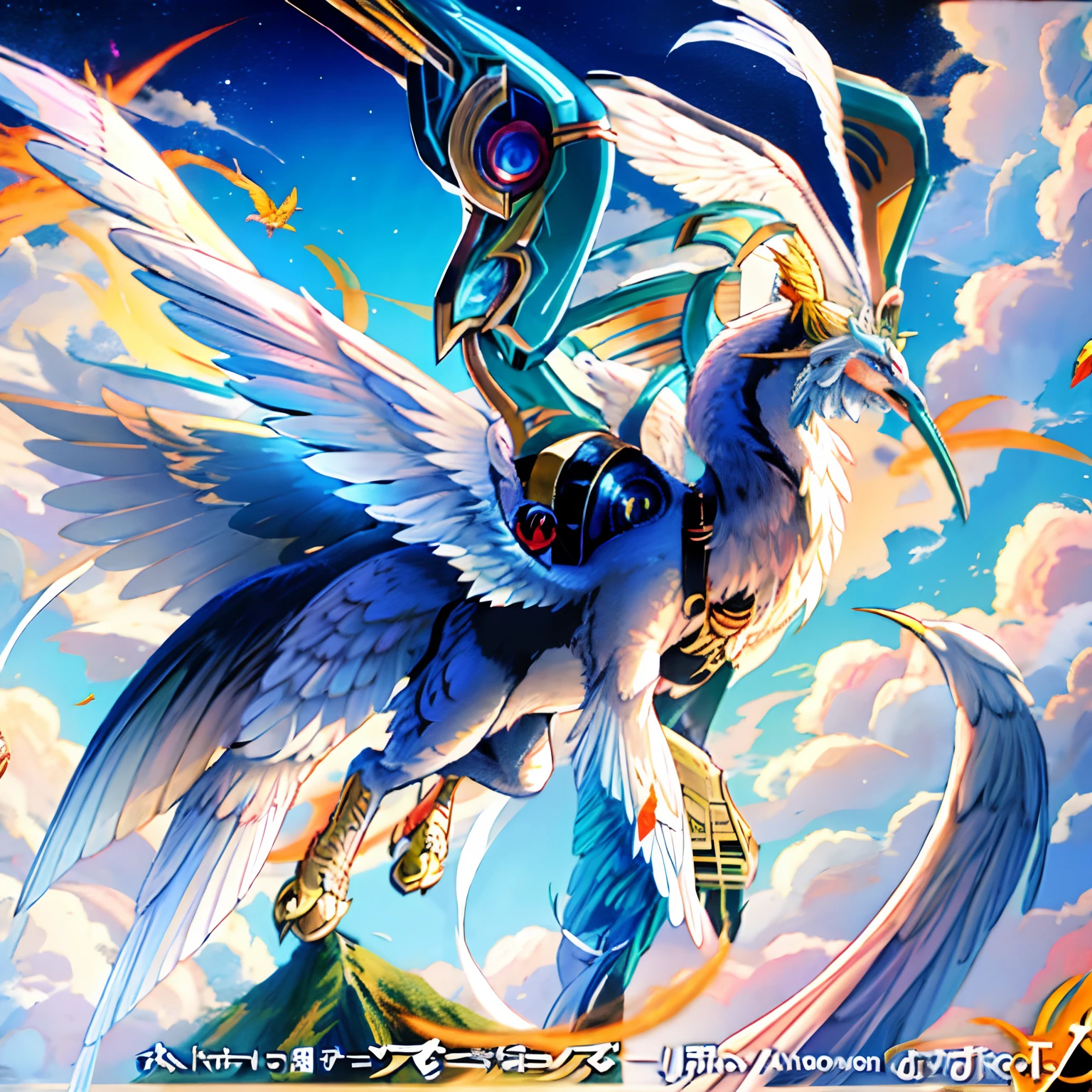 Anime character flying in the sky with a bird on his back, Serafines, Dragon Phoenix Medusa, "Wallpaper of a phoenix resting, ''wallpaper of a phoenix, The Solarpunk Phoenix, Angemon L sentado en el Lanzado, Ophanim has bird wings, blue eyes white dragon, Aura celestial, Angewomon de Digimon, Guerrero aviar, THOTH