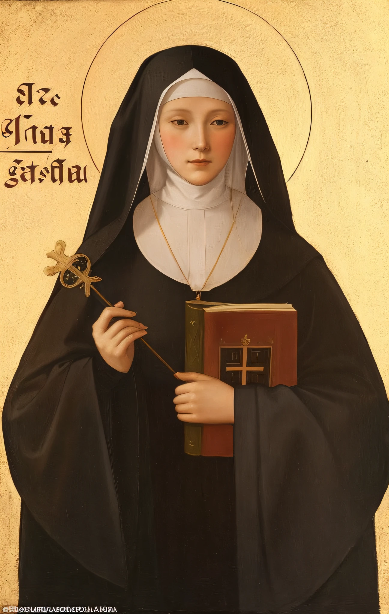 painting of a nun holding a book and a cross, portrait of hildegard von bingen, inspired by Taddeo Gaddi, by Taddeo Gaddi, inspired by Geertgen tot Sint Jans, by Antonio de la Gandara, majestic saint woman, inspired by Fede Galizia, by Giotto, inspired by Hans Gude
