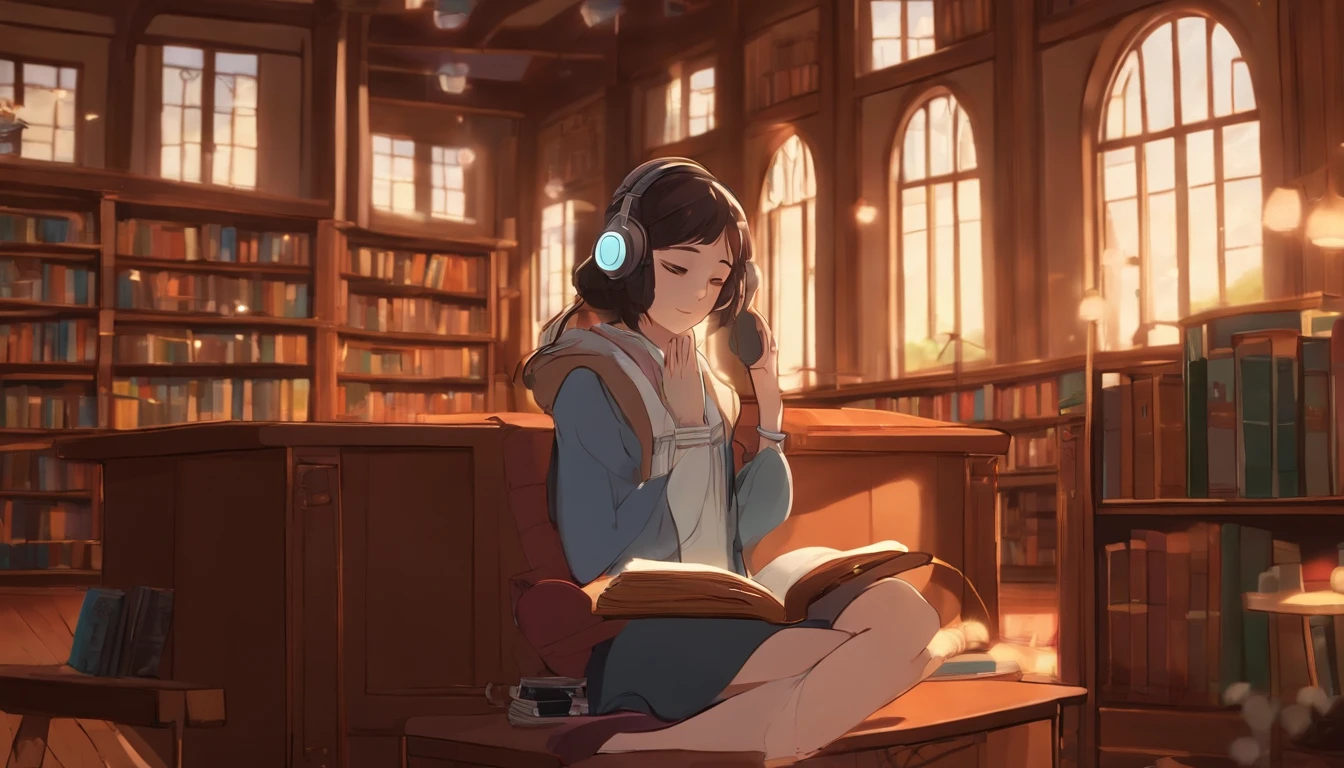Japanese anime vibe, a teenager girl sitting o library chair full of book, ghibli studio art style, horizontal, 4k, 16:9, thoughful girl listening to lofi music through her headphone, with a lolipop