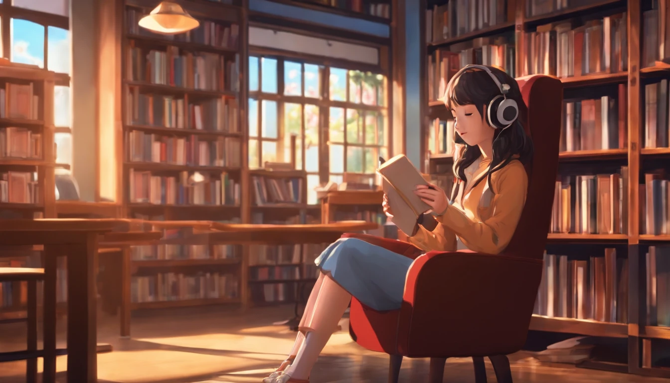 Japanese anime vibe, a ager girl sitting o library chair full of book, ghibli studio art style, horizontal, 4k, 16:9, thoughful girl listening to lofi music through her headphone, with a loli