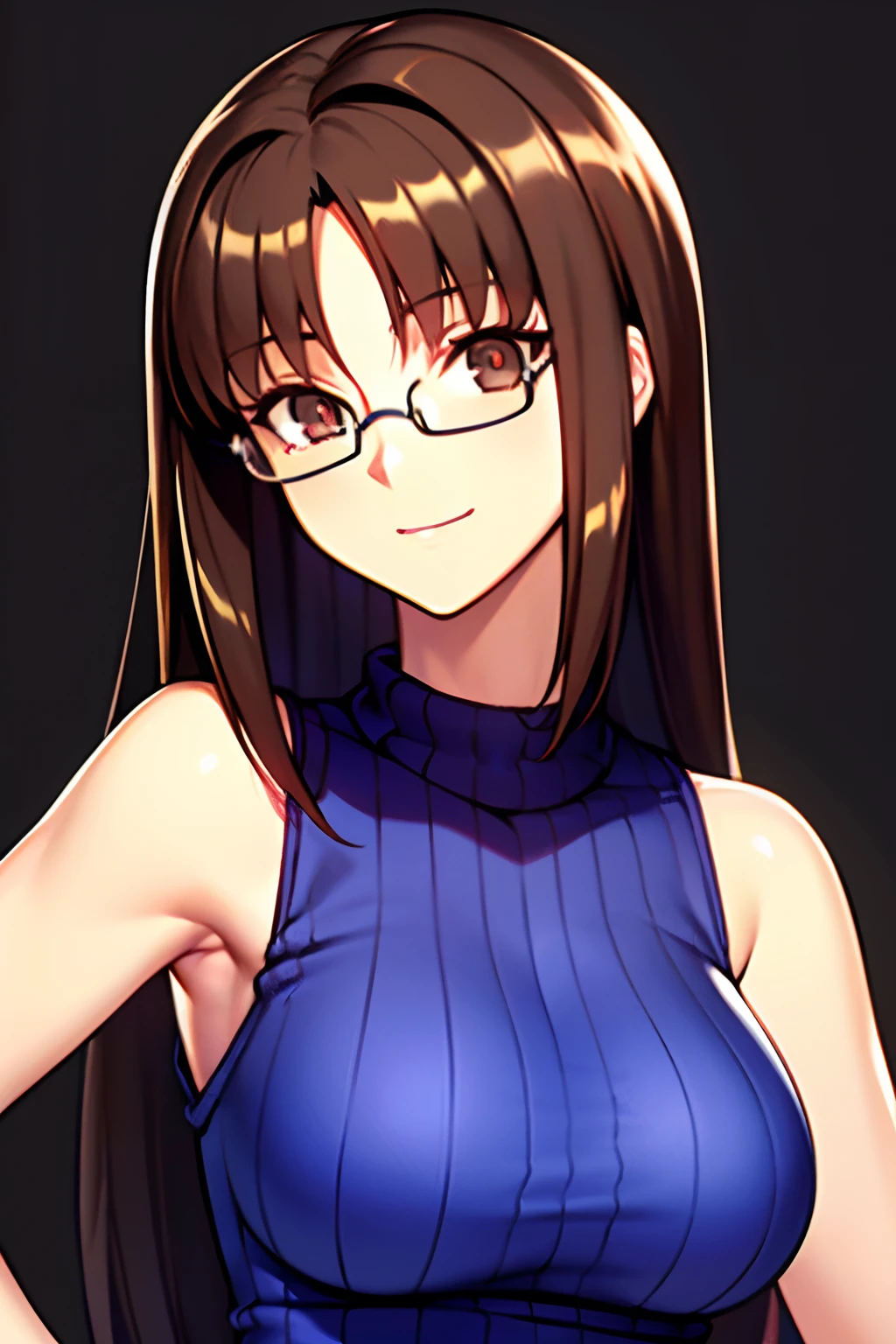 Akiha tohno \(tsukihime\), akiha tohno, tsukihime, (masutepiece, Highest Quality), Beautiful and aesthetic, 1girl, Idol, Elegant, (16 years old), dark brown hair, Portrait, ldightsmile, (Sleeveless knitwear), Entire upper body, Simple background, big round retro glasses, round glasses