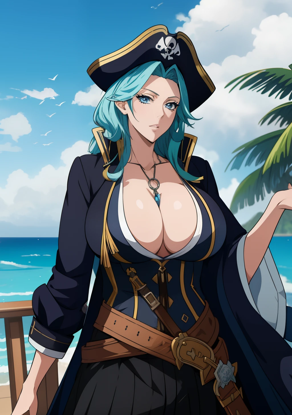 Big tits, shirt, 1girl, aqua hair color, fin ears, blue eyes, pirates coat, pirates hat, cleavage, intrincate details, detailed, masterpiece, best quality, 4K, Hdr, sea,