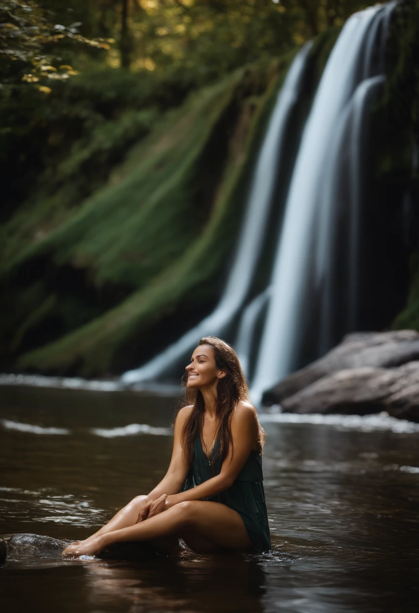 Woman sitting in the water in a river, next to a waterfall, in water up to her shoulders, drenched, Se baigner dans une cascade, latine, Magnifique dame, femme mignonne, femme magnifique, in water, Magnifique femelle, In a river in the jungle, cardigan jaune, dark lace chemise, Dark brown skirt, Top button Open, Layered clothes, cou ouvert, Gros plan, profondeur de champ, beautiful model, Jouer dans les cascades, avec cascades, wet clothes, oily clothing, dripping water, eau courante, sourire, profondeur de champ, couvert, brumeux