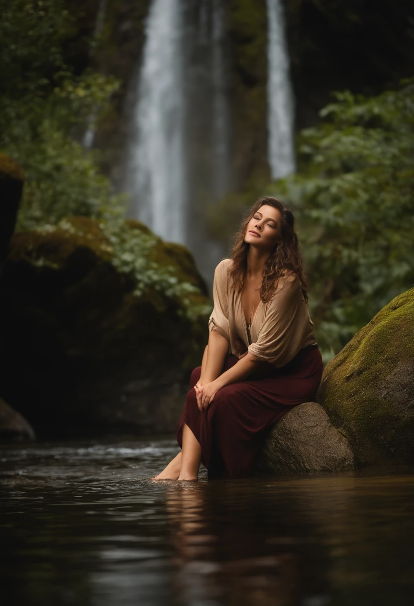 Woman sitting in the water in a river, next to a waterfall, in water up to her shoulders, drenched, Se baigner dans une cascade, latine, Magnifique dame, femme mignonne, femme magnifique, in water, Magnifique femelle, In a river in the jungle, cardigan jaune, dark lace chemise, Dark brown skirt, Top button Open, Layered clothes, cou ouvert, Gros plan, profondeur de champ, beautiful model, Jouer dans les cascades, avec cascades, wet clothes, oily clothing, dripping water, eau courante, sourire, profondeur de champ, couvert, brumeux