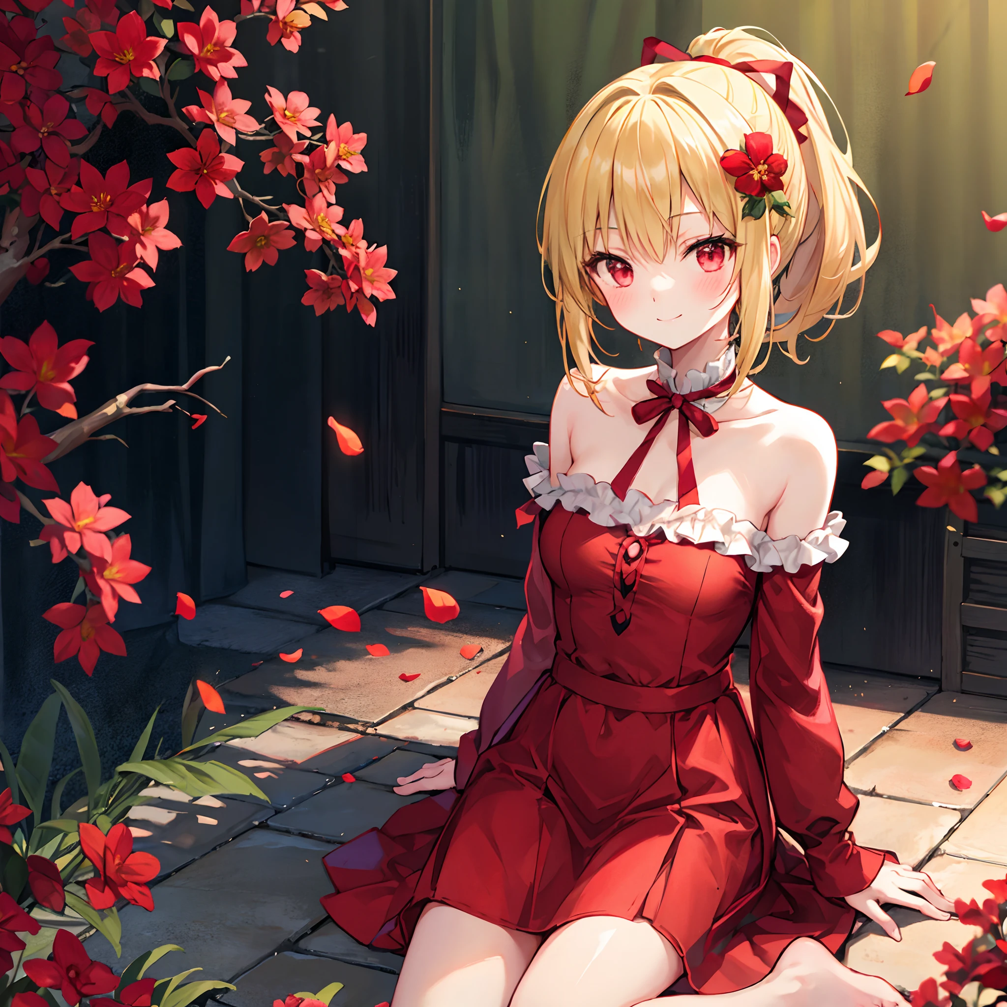 a blond、red eyes、Ponytail with ribbon、Beautiful girl alone、red blush、Red dress、off shoulders、Raw feet、flower  field、Sitting on the floor、a smile