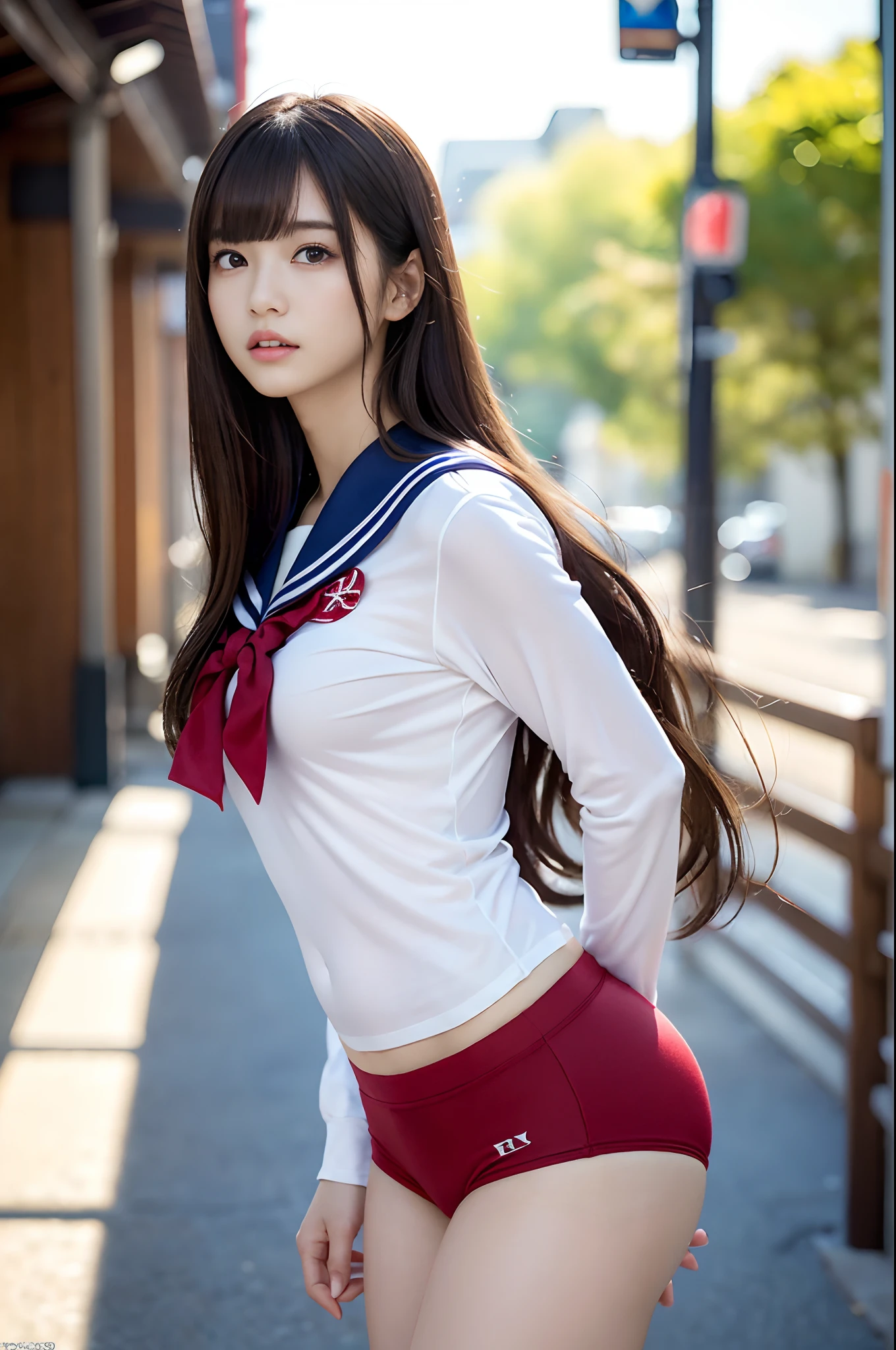 (​masterpiece:1.3), (8K, Photorealsitic, Raw photography, Top image quality: 1.4), japanes, (1girl in), beauitful face, (Lifelike face), Beautiful hairstyle, realisticeyes, Eyes in Beautiful Details, (real looking skin), Beautiful skins, enticing, 超A high resolution, A hyper-realistic, high detailing, the golden ratio, (Detal Face:1.2), see the beholder,masutepiece, Best Quality, Ultra-detailed, finely detail, hight resolution,  Composition of the whole body、Open Legs Pose、Bold legs open、Beautiful detailed eyes, fitness wear, Natural Color Lip,Photorealsitic、realisitic、独奏、Photorealsitic、top-quality、extra detailed face、extremely detailed eye and face、beatiful detailed eyes、absurderes、incredibly absurdness、hair messy、Floating hair、Brown hair、Wavy hairstyle、(extremely details CG、8K Picture Wallpaper)、(extremely delicate and beautiful)、(​masterpiece)、(top-quality:1.0)、(超A high resolution:1.0)、beautiful  lighting、perfect lightning bolt、realistic shadow、[hight resolution]、Detailed skin、ultra-detailliert、detailed faces and eyes、Realistic eyes、Sharp pupils、beauitful face、plein air、Downtown Japan、In the hustle and bustle、blurry backround、shinny skin、Blunt bangs、Red Eye、(Sailor Suit 1.2)、Sailor suits have long sleeves、Super high quality photos, The 8k quality, Outdoors, Full body composition, looking in camera, Japan 20-year-old woman, Perfect beauty, Pore-visible texture, Perfect facial features, clear bare skin, clear bare skin, Beautiful toned body, muscular, slender, Poor breasts, Toned buttocks with small breasts、small ass、 Bloomers (Bloomers in Japan School, Seamless design, Single color, Bloomers are dark red, tight fitted、Bloomers are elastic fabrics、The length of the bloomer is from the navel３ｃｍThe following degrees, )Legs wide open、、deadpan、(Face turned to the side、)