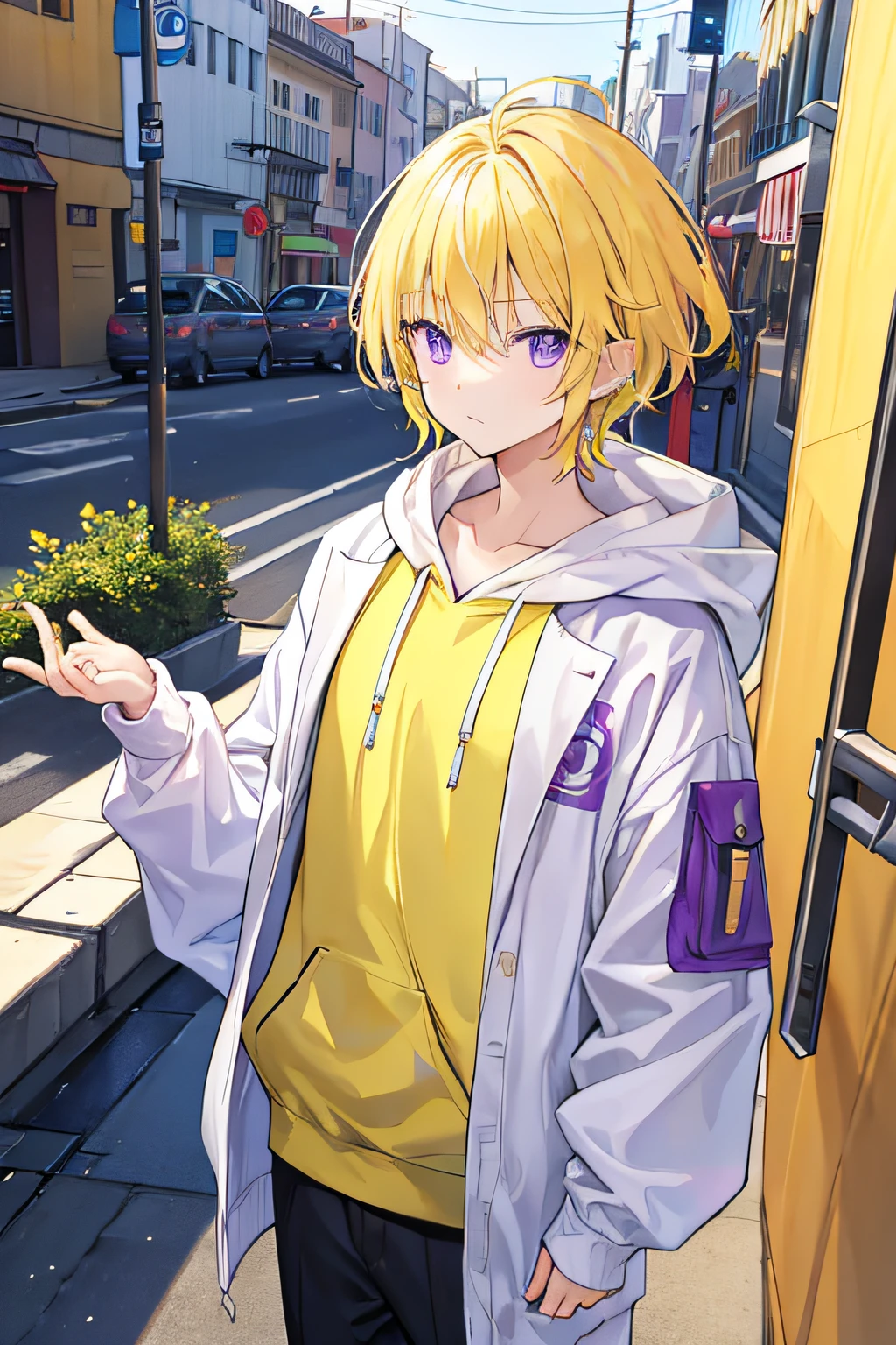 Light yellow hair、Boy with purple eyes、Yellow hoodie