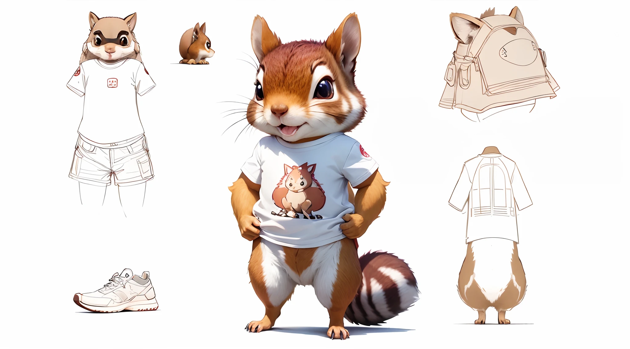 A squirrel named Rowan with a red t-shirt, detailliertes Raumschiff auf T-Shirt, detailliertes Charakter-Design-Blatt, Mehrere Ansichten und Winkel, studio Ghibli animation –niji 5-