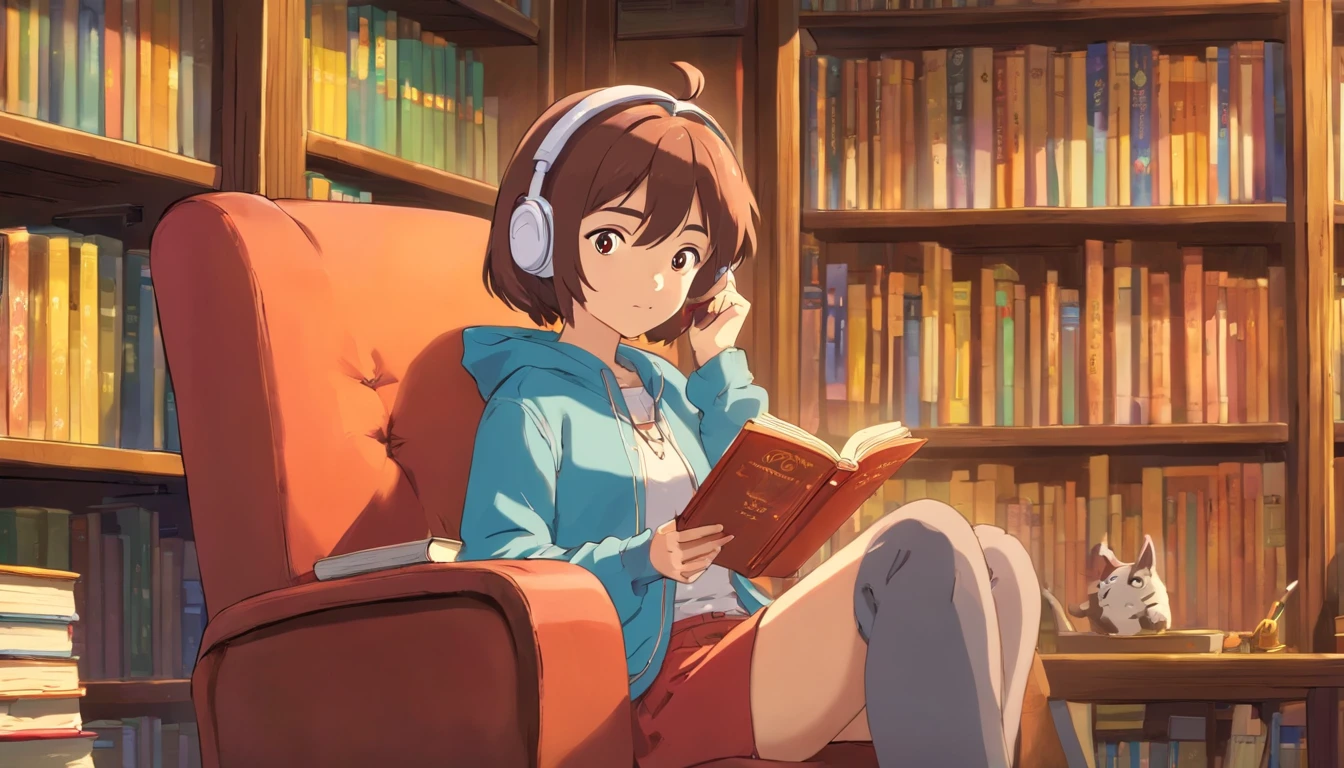 Japanese anime vibe, a ager girl sitting on library chair full of book, ghibli studio art style, horizontal, 4k, 16:9, thoughful girl listening to lofi music through her headphone.