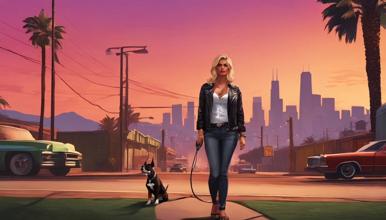 GTAV loading screen 2D graphics, wide angle, full body, blonde girl standing smoking a joint, holding a chiwawa and a pitbull with a chain on a leash GTA5 character, cinematic composition, in front of a city, shader, bright cinematic lighting, soft contrast, GTA5 loading screen, gta art, 4k wallpaper, 4k wallpaper, 4k hq wallpaper, gta loading screen graphics, fan art, Rockstar games art