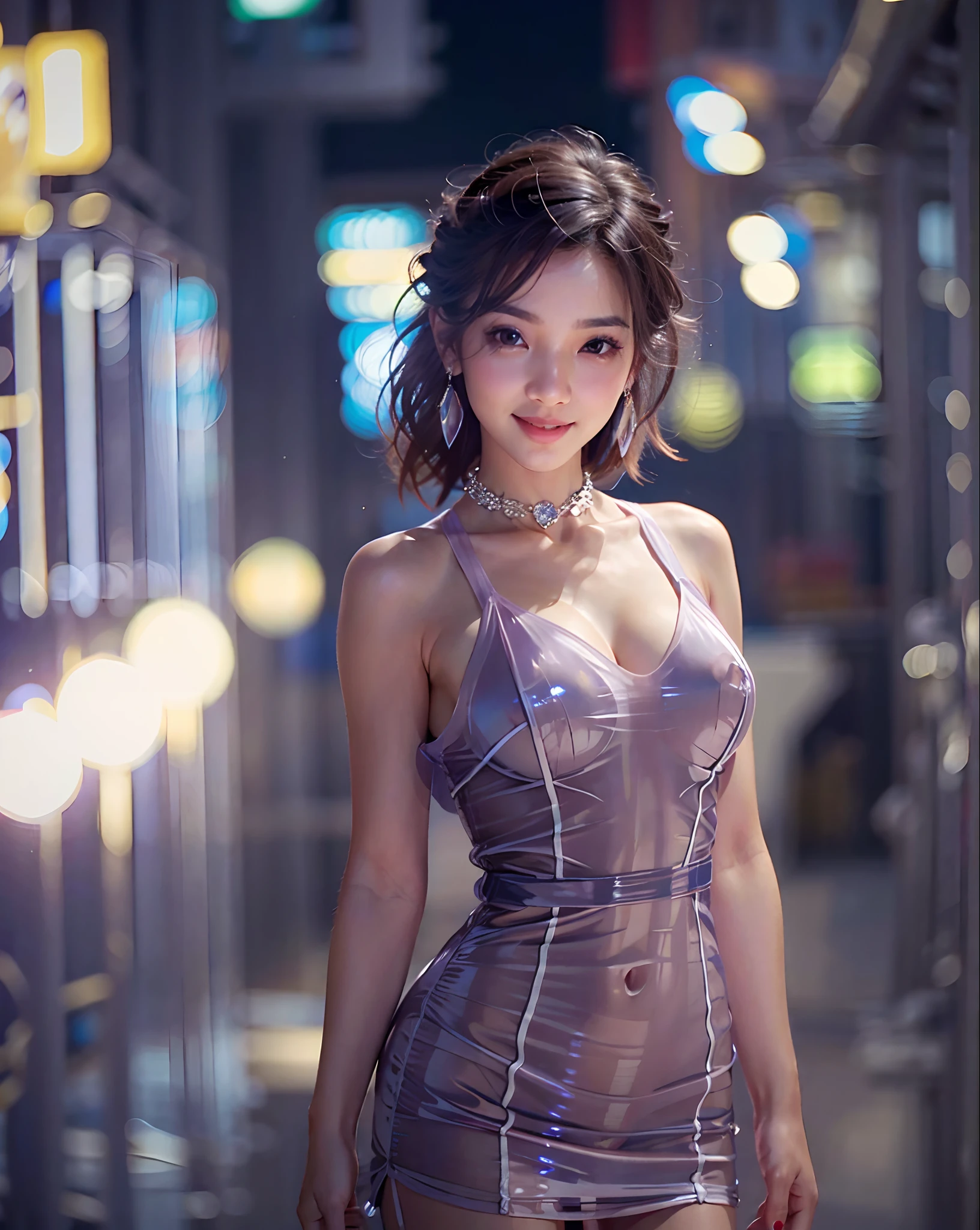 8K, Masterpiece, RAW photo, Best quality, Photorealistic, Extremely detailed CG unifies 8K, 8K, Diamond, and wallpaper, Depth of field, Cinematic light, Lens flare, Ray tracing, (Extremely beautiful face, Beautiful lips, Beautiful eyes), intricate detail face, ((ultra detailed skin)) 1girl, In the dark, deep shadow, Beautiful Chinese girl, Kpop idol, 1 girl, (Very slim and slender muscular body:1.3), ((view the viewer)), (Big smile:1.3), (Fashion night, Dark night, (neon lights sign), (Blurred background), Fashion Street Night), (No one is in the background:1.3), Beautiful earrings, bangle, necklace, Pantyhose, Clear eyes, Walking, (Pale skin), (Big eyes), Face forward, (brown hairs), (Full body shot), ((Silk hot transparent dress:1.3)), ((tightly dress)), ((laced dress)), (view the viewer:1.3) open breast, Very slim, Medium breasts, Turn Back, (Back shot), Ass focus, Before the eyebrows, (Tight dress), Thick thighs, Mini dress, Raise your legs，
