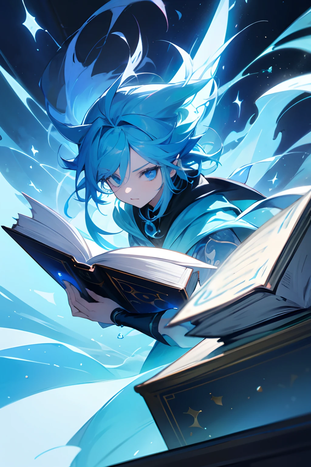 Lit up,sorcerer,Fantasia,shoun,Having a book,bookcase,ren,clouds,blue-sky,silber hair,blue eyess,attacking magic,Fantasia,Ice Magic