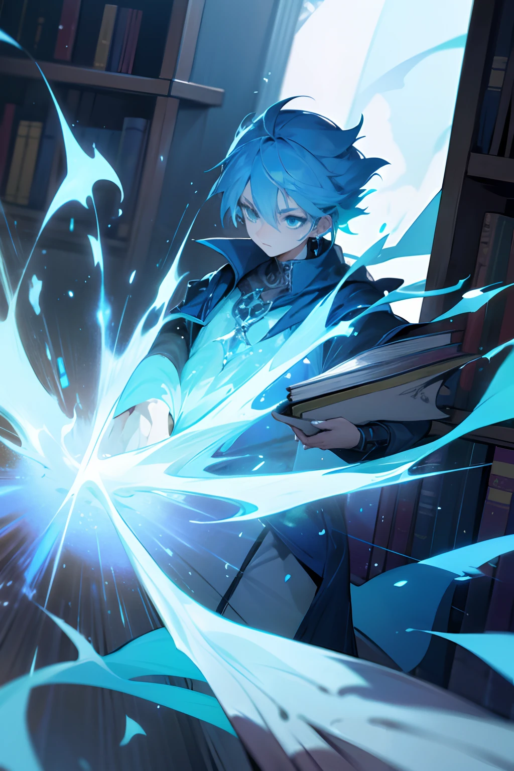 Lit up,sorcerer,Fantasia,shoun,Having a book,bookcase,ren,clouds,blue-sky,silber hair,blue eyess,attacking magic,Fantasia,Ice Magic