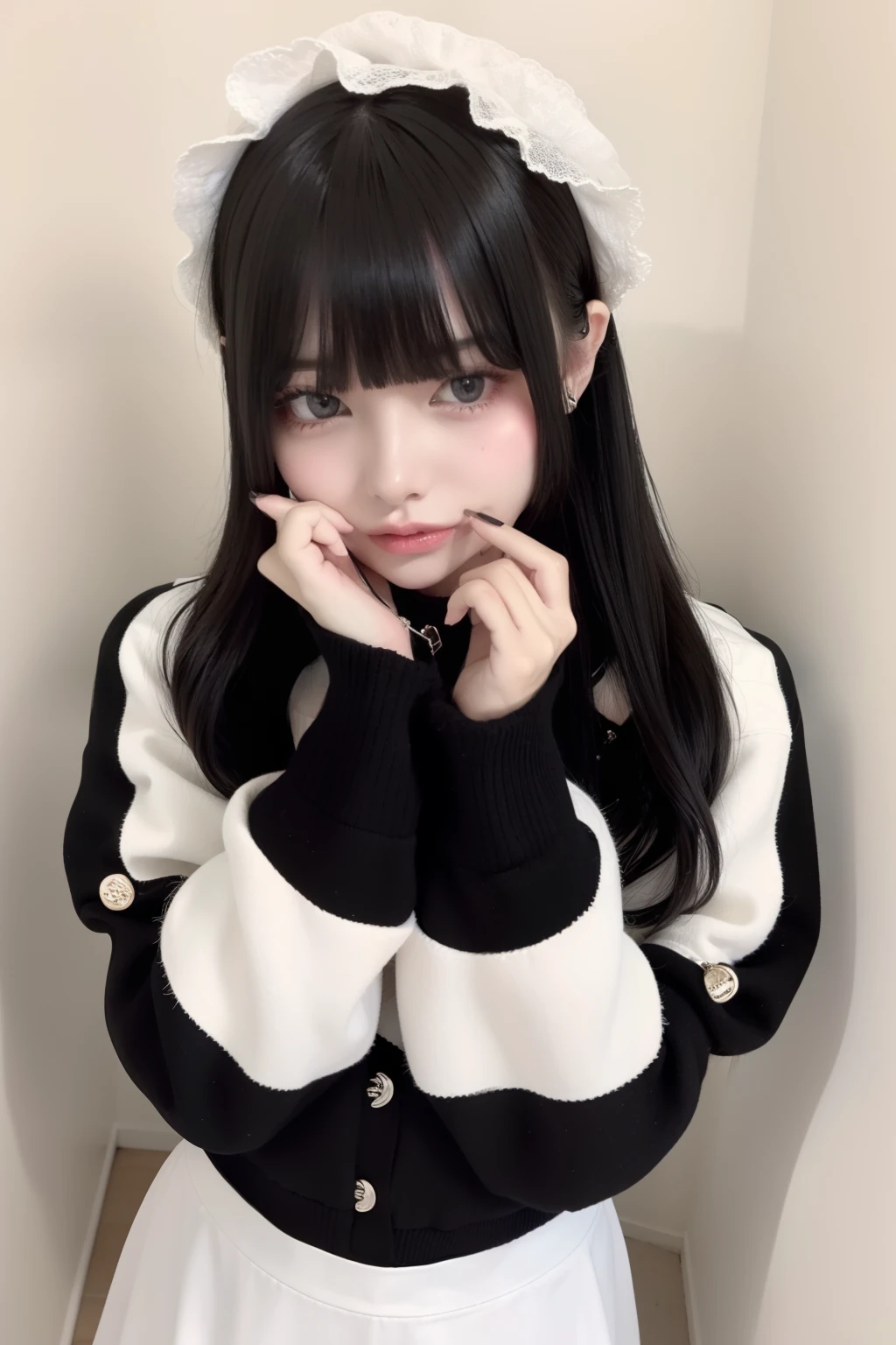 top-quality、8K、32K、​masterpiece、nffsw:1.2)、1girl in、One girl、A dark-haired、Heavy bangs、long hair to the chest、Wearing a black long-sleeved puff-sleeved blouse &White flare mini skirt、Cute clothes、White wall background、Focus on the face、Focus on the face