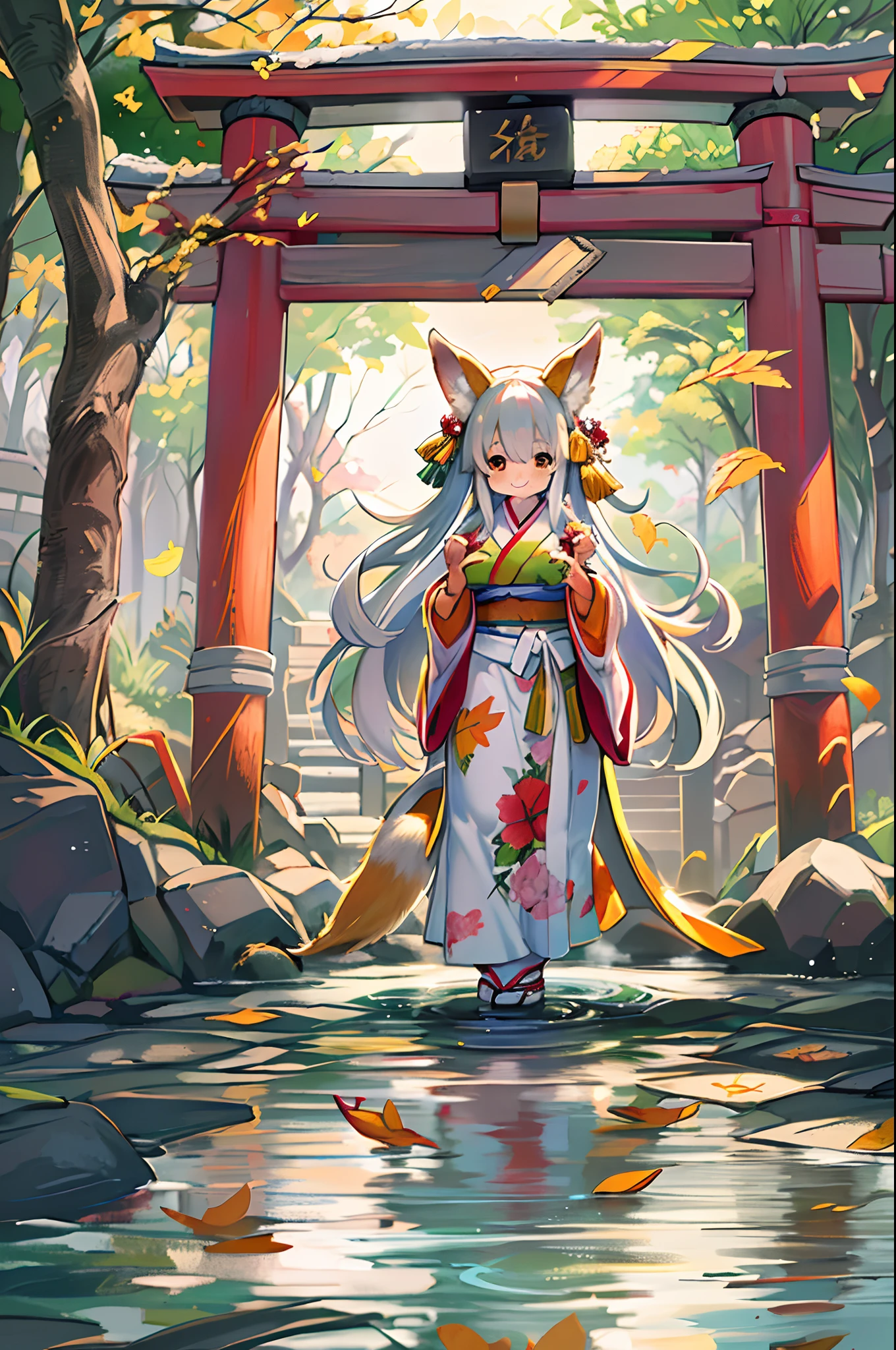 Fox Woman、body covered with fur、huge-breasted、kawaii、shrine maiden、Japan white clothes,Red Hakama、torii gate,((High Position))、A big smile、bbw、thick thight、big butts、Ultramammy,Chibi,Nanachi, autumn day,kaede、 Pines, Anime Background Art, japanese art style, beautiful anime scene, detailed scenery - width 672, Background art, Anime landscapes, Anime Background, Beautiful anime scenery, Beautiful peace scenes in anime, landscape artwork, Japan Village, Anime landscape concept art, 8K))、a lot of fallen leaves、Water twinkle、falls、Waterfall Basin、a river、Main shrine