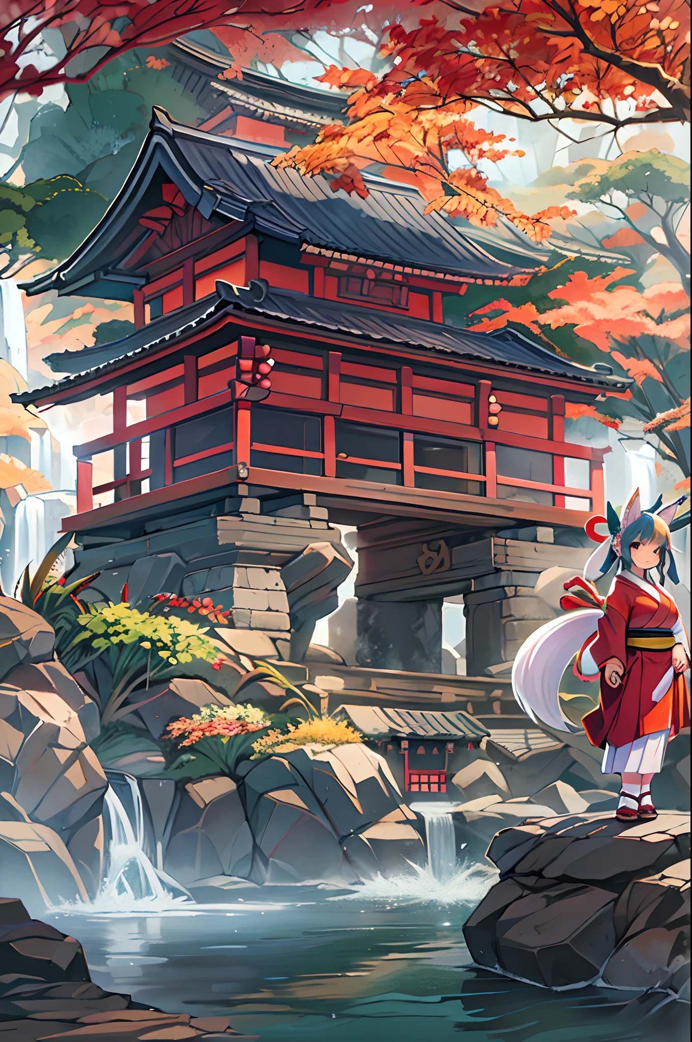 Fox Woman、body covered with fur、huge-breasted、kawaii、shrine maiden、Japan white clothes,Red Hakama、torii gate,((High Position))、A big smile、bbw、thick thight、big butts、Ultramammy,Chibi,Nanachi, autumn day,kaede、 Pines, Anime Background Art, japanese art style, beautiful anime scene, detailed scenery - width 672, Background art, Anime landscapes, Anime Background, Beautiful anime scenery, Beautiful peace scenes in anime, landscape artwork, Japan Village, Anime landscape concept art, 8K))、a lot of fallen leaves、Water twinkle、falls、Waterfall Basin、a river、Main shrine