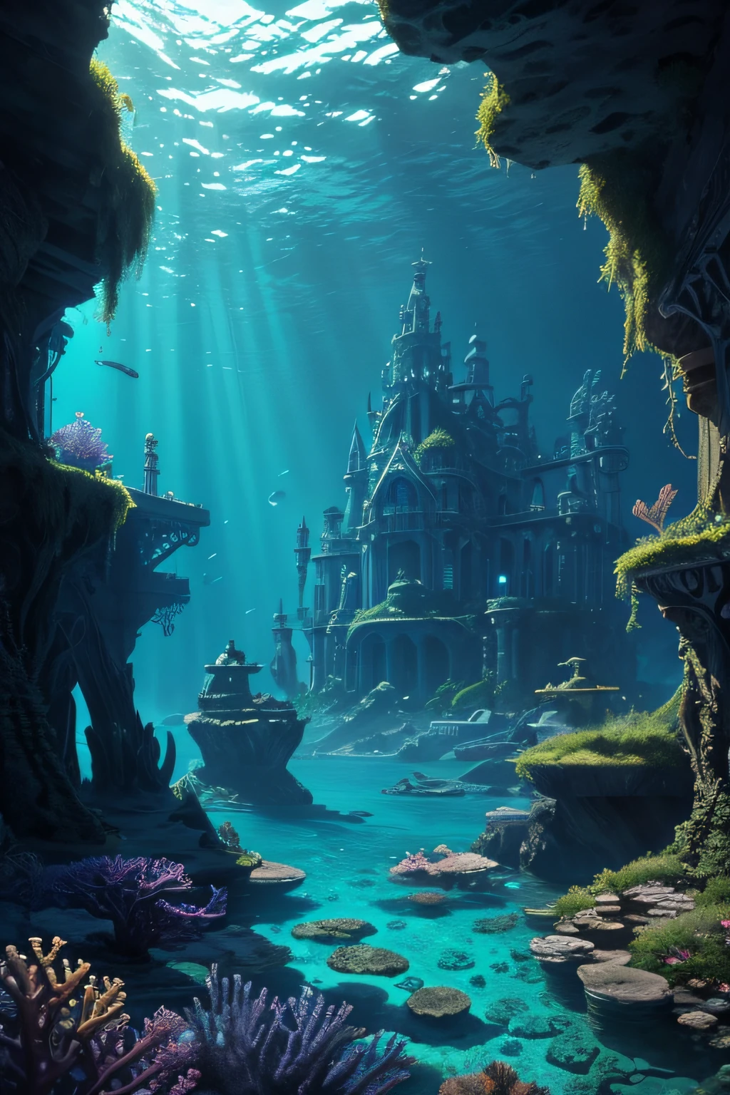 (best quality,4k,8k,highres,masterpiece:1.2),ultra-detailed,(realistic,photorealistic,photo-realistic:1.37),medieval building under the sea,atlantis sea temple,beautiful and intricate architecture,underwater view,detailed stonework,elaborate sculptures,golden ornaments,colorful marine life,towering spires,arched windows and doors,ethereal lighting,majestic aura,submerged ruins,faint glow of sunlight,serene atmosphere,vivid colors,mystical ambiance,lush seaweed and coral,ancient and mythical,marvel of craftsmanship,hidden gem of the ocean,awe-inspiring beauty,surreal landscape,secrets of the deep,unearthly serenity,mesmerizing underwater kingdom,enchanted underworld,floating bubbles,crystal clear waters,tranquil and calm,otherworldly masterpiece,nautical wonderland,fluidity of the ocean,unimaginable depths,endless mysteries,evoking a sense of wonder.