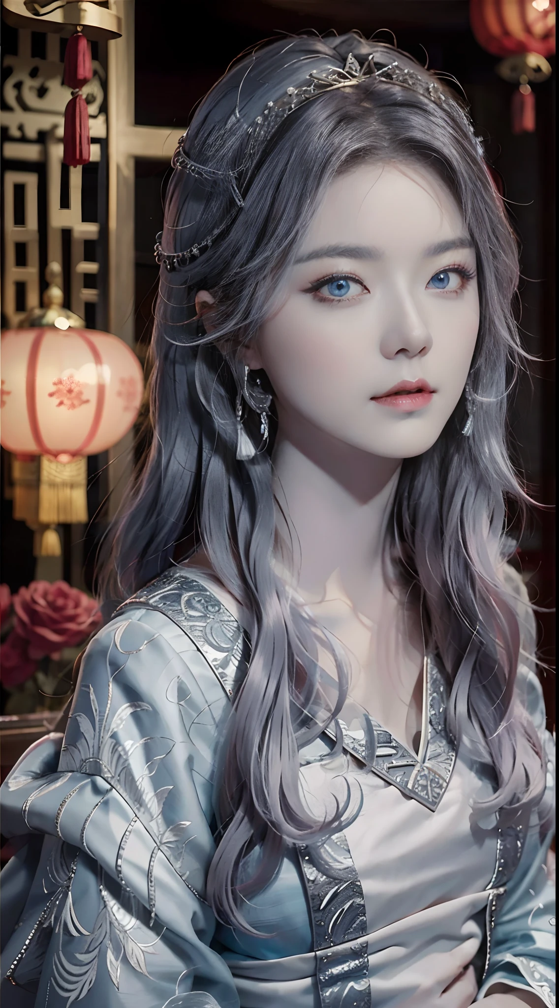 Masterpiece, Excellent, Chinese Imperial Palace, Chinese Style, Ancient China, 1 Woman, Mature Woman, Silver-White Long-Haired Woman, Gray-Blue Eyes, Pale Pink Lips, Cold, Serious, Effeminate, Bangs,