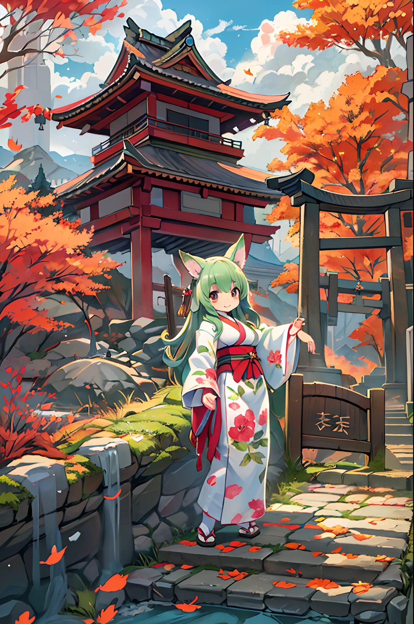 Fox Woman、body covered with fur、huge-breasted、kawaii、shrine maiden、Japan white clothes,Red Hakama、torii gate,((High Position))、A big smile、bbw、thick thight、big butts、Ultramammy,Chibi,Nanachi, autumn day,kaede、 Pines, Anime Background Art, japanese art style, beautiful anime scene, detailed scenery - width 672, Background art, Anime landscapes, Anime Background, Beautiful anime scenery, Beautiful peace scenes in anime, landscape artwork, Japan Village, Anime landscape concept art, 8K))、a lot of fallen leaves、Water twinkle、falls、Waterfall Basin、a river、Main shrine