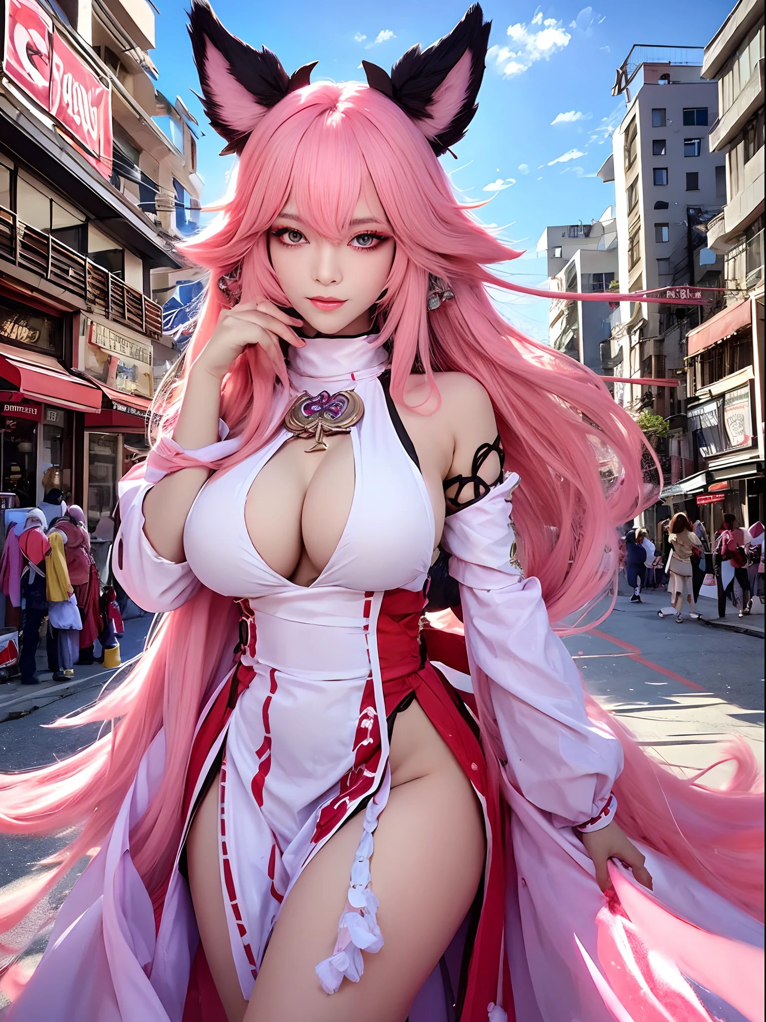 of the highest quality, Beauty and aesthetics, Very detailed, Detailed face and eyes,Anime, 1 girl, Fox ears, Big Breast,Fox Girl,Longhair,Hair color pink,Pink eyes,fluffy tail,walking in city,sexy dress