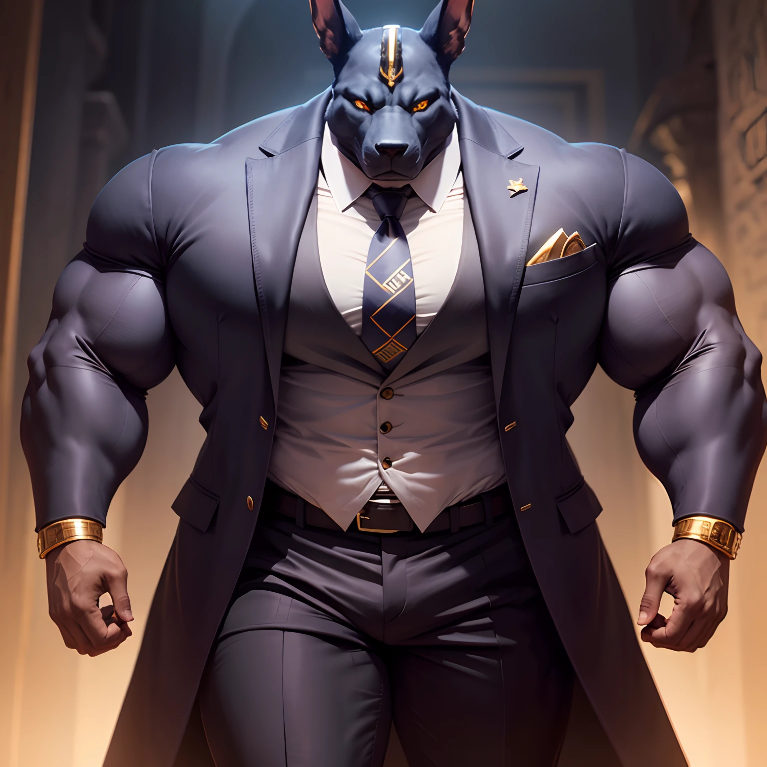 Anubis the egyptian god muscled  with huge torso , huge arms ,huge  pecs , huge lesgs , in suit with a tie like bodyguard outfit ,  full body