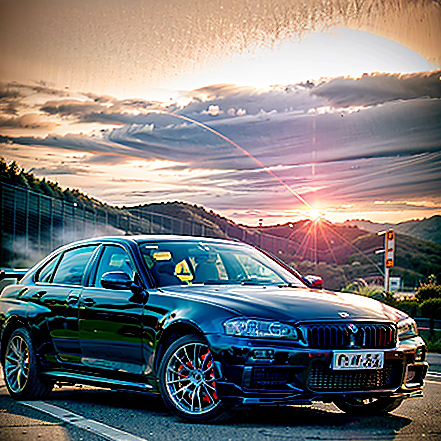 Alafeld black BMW driving on a road with sunset as background, car commercial photograph, bmw, vehicle photography, shot on a Canon EOS R5, shot on canon eos r 5, the sunset, high-quality picture, post-proces), automotive photography, modern minimalist f 2 0, hdr render, rendering, 🤬 🤮 💕 🎀, taken with sony alpha 9