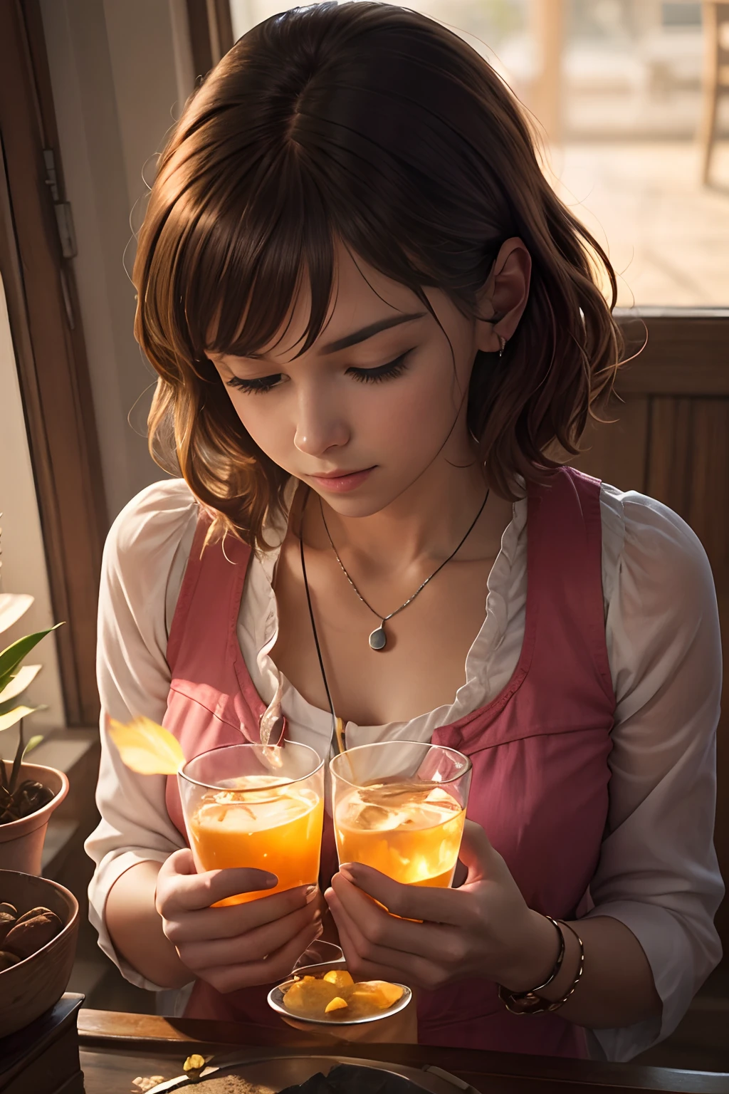 Girl, pajamas, drinking water, cute, pajamas, mysterious, ancient, Bauhaus art, dramatic lighting, high resolution