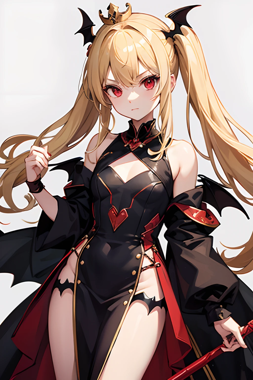 Ereshkigal, Ereshkigal, Blonde hair, earrings, Hair Bow, hoop earrings, Jewelry, Long hair, Parted bangs, (Red Eyes:1.5), two side up, Blake Anklet, Asymmetrical legwear, asymmetrical sleeves, Black legwear, Black Leotard, Black nails, Bow, diadems, gold, gold trim, Leotard, nail polish, Purple bow, Single sleeve, single thighhigh, skull, spine, thighs thighs thighs thighs, Uneven legwear, uneven sleeves, Yellow footwear, BREAK outdoors, city, BREAK looking at viewer, BREAK (masutepiece:1.2), Best Quality, High resolution, Unity 8k壁纸, (Illustration:0.8), (Beautiful detailed eyes:1.6), extra detailed face, Perfect Lighting, extremely details CG, (Perfect hands, Perfect Anatomy),