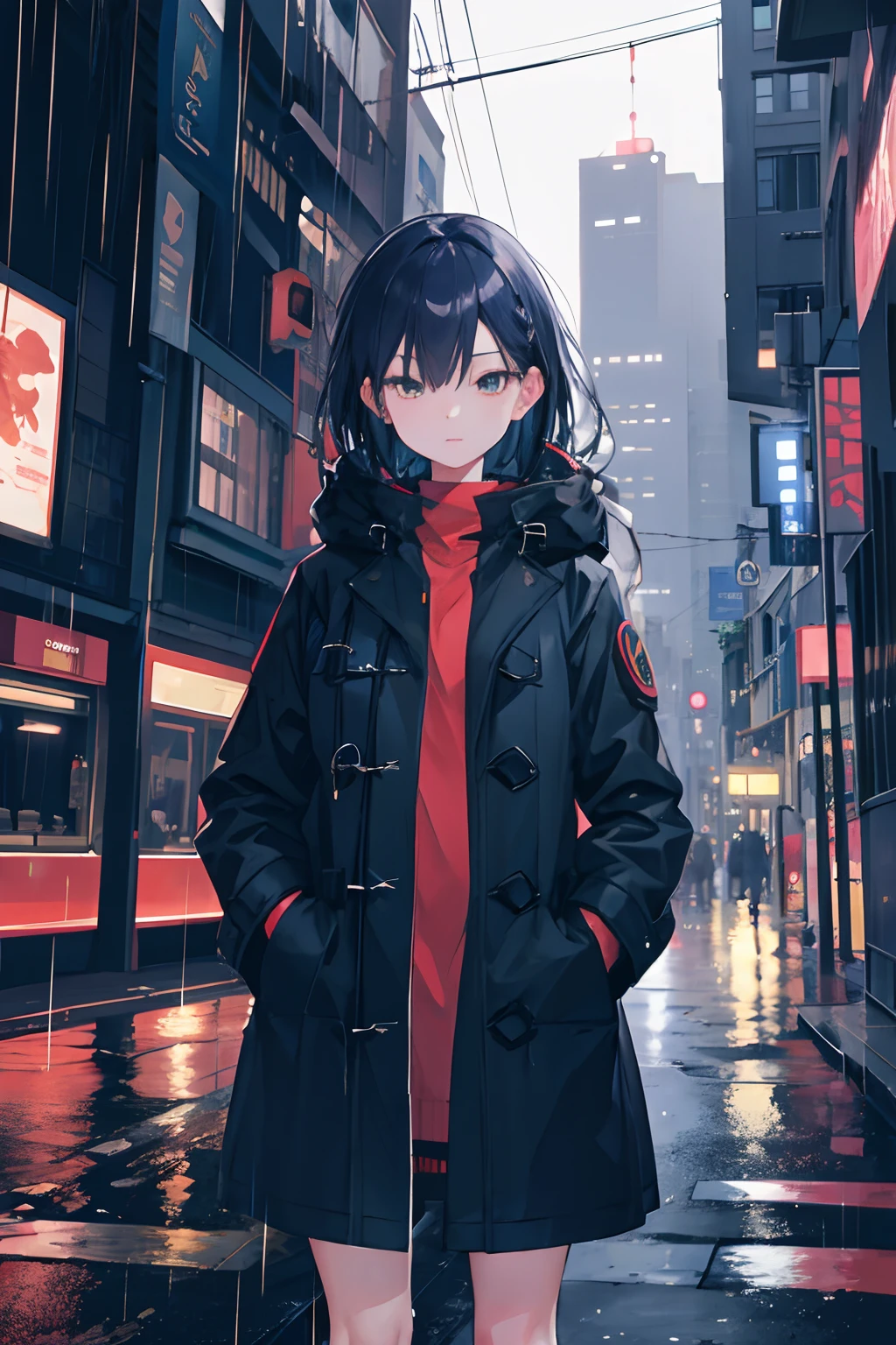 1girl, Night City, rain, coat, hands in pockets