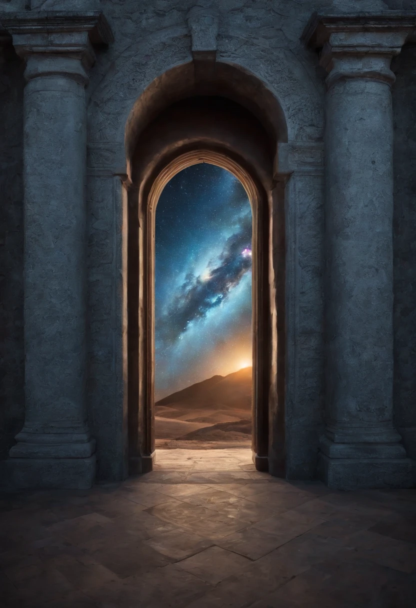 Design a heavenly-looking door, with cosmic colors that represent the vast universe, En el centro de la puerta, Engrave ancient symbols and writings that evoke a mysterious and universal language, A ambos lados de la puerta, Carving images of galaxies, estrellas y planetas en constante movimiento, Hinting at the expansion of knowledge.