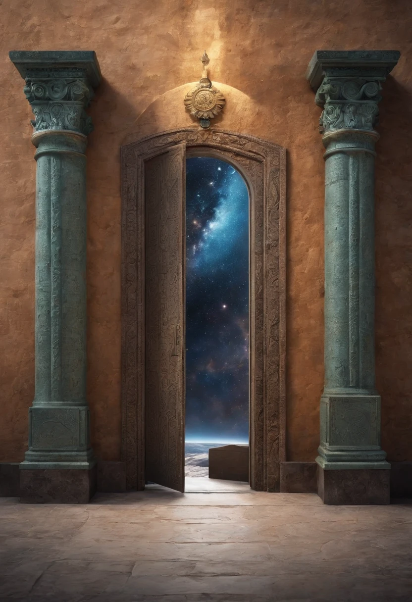 Design a heavenly-looking door, with cosmic colors that represent the vast universe, En el centro de la puerta, Engrave ancient symbols and writings that evoke a mysterious and universal language, A ambos lados de la puerta, Carving images of galaxies, estrellas y planetas en constante movimiento, Hinting at the expansion of knowledge.
