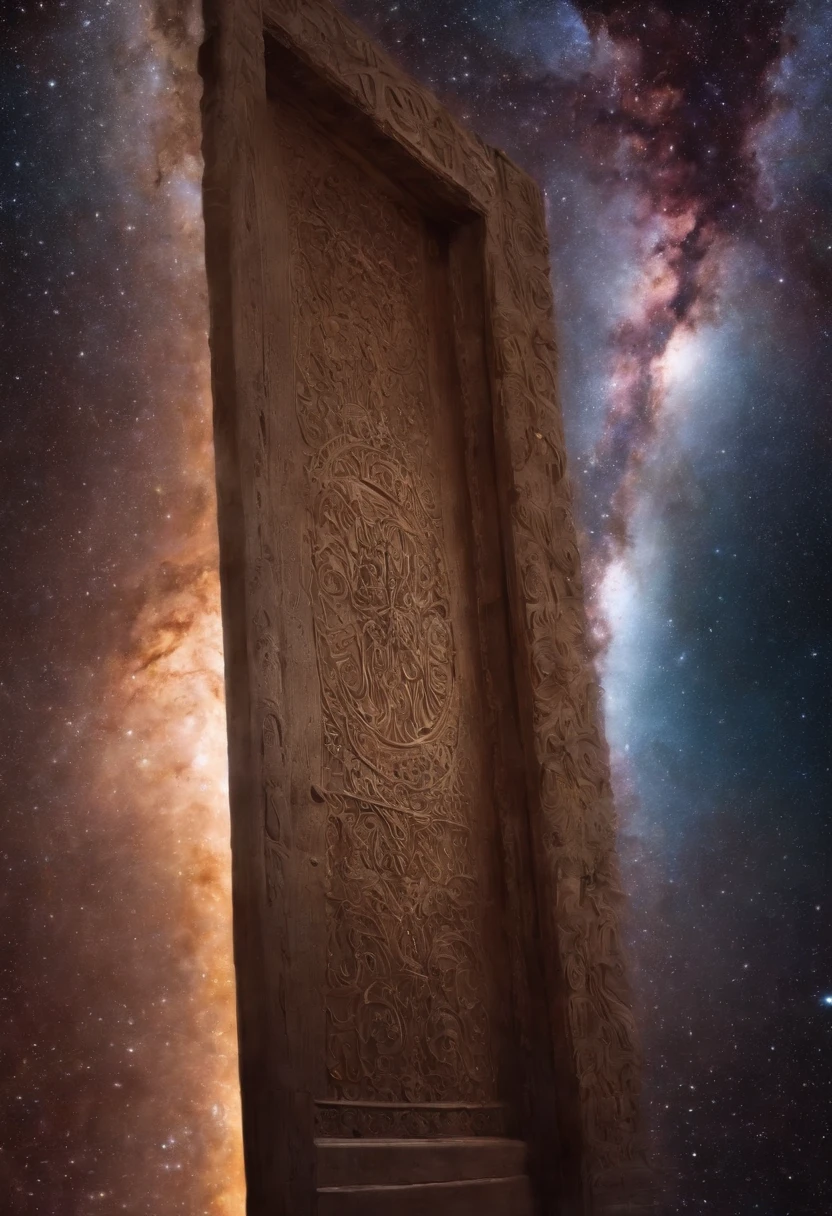 Design a heavenly-looking door, with cosmic colors that represent the vast universe, En el centro de la puerta, Engrave ancient symbols and writings that evoke a mysterious and universal language, A ambos lados de la puerta, Carving images of galaxies, estrellas y planetas en constante movimiento, Hinting at the expansion of knowledge.