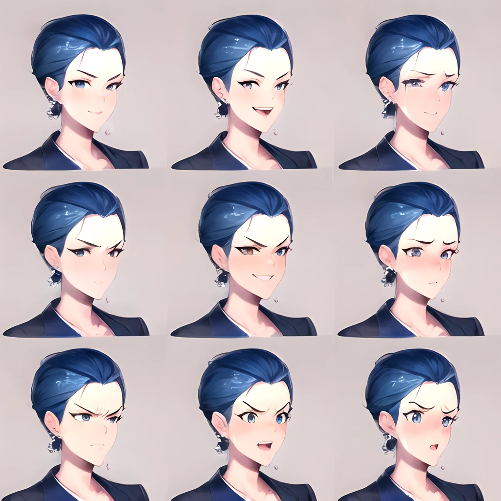 1woman,mature female,middle-aged woman,right three-quarter view,grey background,close-up,face expression sheet,same person,9 face expressions,grid,facing viewer,looking at viewer,very short hair,hair slicked back,asymmetrical bangs,bright blue hair,blue eyes,earrings,smile,laughing,crying,tired,sly smirk,shy,grumpy, surprised,terrified,collarbone,grey suit,best quality,masterpiece,highly detailed,super detailed,8k