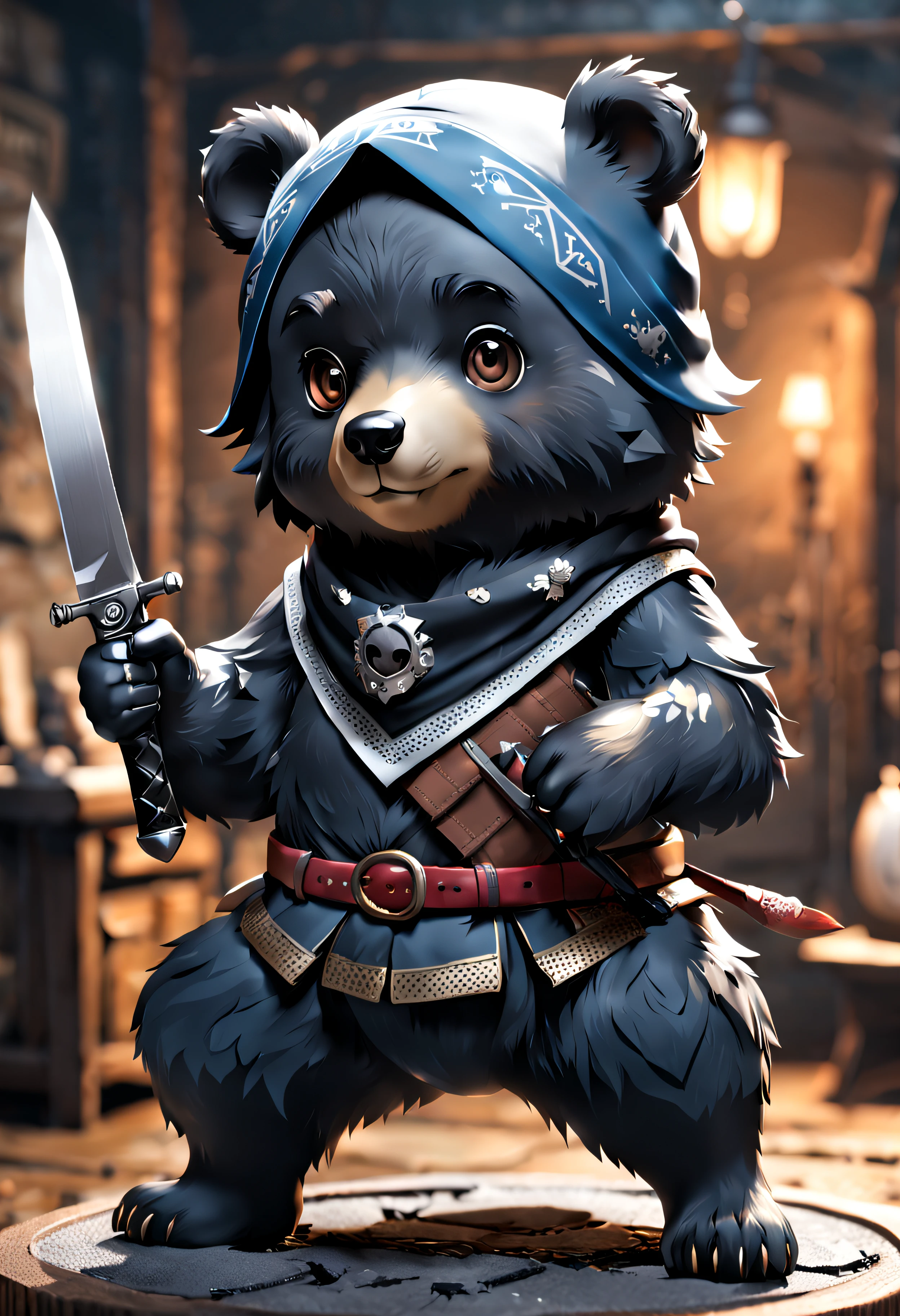 full bodyesbian、Cool black bear、Pop black bear、diorama、symple background、White background、bandana、Holding a knife in your hand、​masterpiece, Best Quality, Capture super cute moments, depth of fields, ultra-detailliert, Ultra High Resolution, Octadale, 8K, 16 K