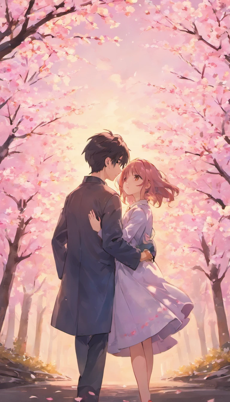 Couples embrace,The upper part of the body,A boy with,one-girl,Under the cherry blossom trees,Fluttering cherry blossoms,low-saturation,pale-blue( reasonable design, Clear lines, High sharpness,Best quality, Very detailed, Masterpiece, movie light effect, 4K ),anime moe art style,soft anime