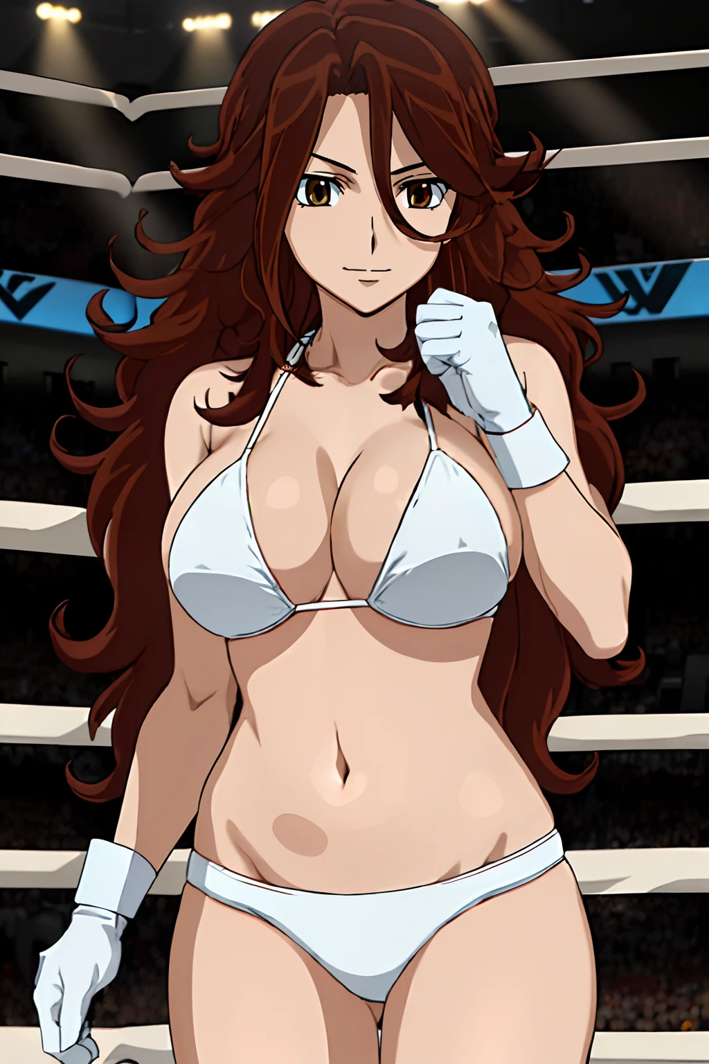 curvy belly, titration screen,, Elegant lady, (upper body only), anime style: 1.8, anime drawing, ultra detailed face, ultra detailed body, 4k, Sumergai Lee Noriega, (standing), best quality, anime style, hires, highest definition, digital blending, bold drawing lines, ((wwe diva), (location: wrestling arena, crowds watching), ( slim body, (moderately strong woman), , off-shoulders, closed fists, (very curvy: 2.8)), ((white bikini, only, white gloves, collar, hand protector, (champion belt on bare belly))), loser, defeated, sad, (pale skin, very big breasts, smile), (big eyes, brown eyes), (clapping), ( brown hair, loose hair, curly hair, wavy hair, long hair, missy hair), 27 years old,