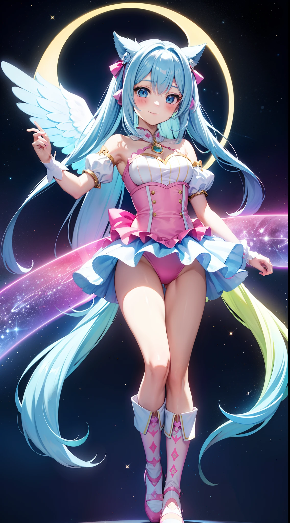 Super Idol a beauty girl A charming smile sky blue hair length hair Twin-tailed Glittery bright pink and white and blue and yellow leotards facing front Angel aura in the background Mystical Fantasia constellation a moon Crystal Brilliance Aurora Borealis in the Night Sky