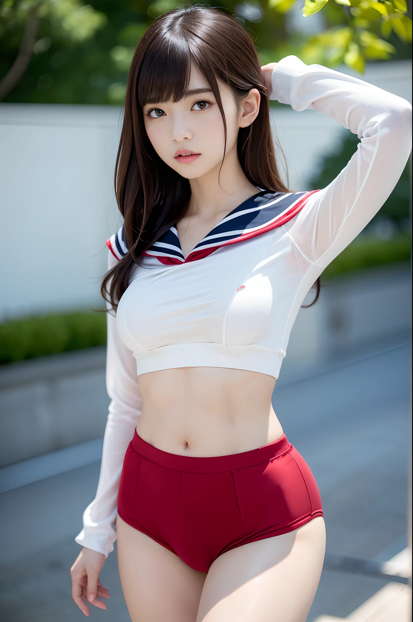 (​masterpiece:1.3), (8K, Photorealsitic, Raw photography, Top image quality: 1.4), japanes, (1girl in), beauitful face, (Lifelike face), Beautiful hairstyle, realisticeyes, Eyes in Beautiful Details, (real looking skin), Beautiful skins, enticing, 超A high resolution, A hyper-realistic, high detailing, the golden ratio, (Detal Face:1.2), see the beholder,masutepiece, Best Quality, Ultra-detailed, finely detail, hight resolution, Composition of the whole body、Open Legs Pose、Bold legs open、Beautiful detailed eyes, fitness wear, Natural Color Lip,Photorealsitic、realisitic、独奏、Photorealsitic、top-quality、extra detailed face、extremely detailed eye and face、beatiful detailed eyes、absurderes、incredibly absurdness、hair messy、Floating hair、Brown hair、Wavy hairstyle、Middle hair、(extremely details CG、8K Picture Wallpaper)、(extremely delicate and beautiful)、(​masterpiece)、(top-quality:1.0)、(超A high resolution:1.0)、beautiful  lighting、perfect lightning bolt、realistic shadow、[hight resolution]、Detailed skin、ultra-detailliert、detailed faces and eyes、Realistic eyes、Sharp pupils、beauitful face、plein air、Downtown Japan、In the hustle and bustle、blurry backround、shinny skin、Blunt bangs、Red Eye、(Sailor Suit 1.2)、Sailor suits have long sleeves、Super high quality photos, The 8k quality, Outdoors, Full body composition, looking in camera, Japan 20-year-old woman, Perfect beauty, Pore-visible texture, Perfect facial features, clear bare skin, clear bare skin, Beautiful toned body, muscular, slender, Poor breasts, Toned buttocks with small breasts、small ass、 Bloomers (Bloomers in Japan School, Seamless design, Monochromatic bloomers, Bloomers are dark red, tight fitted、Bloomers are elastic fabrics、The length of the bloomer is from the navel３ｃｍThe following degrees, )Legs wide open、、deadpan、(Face turned to the side、)