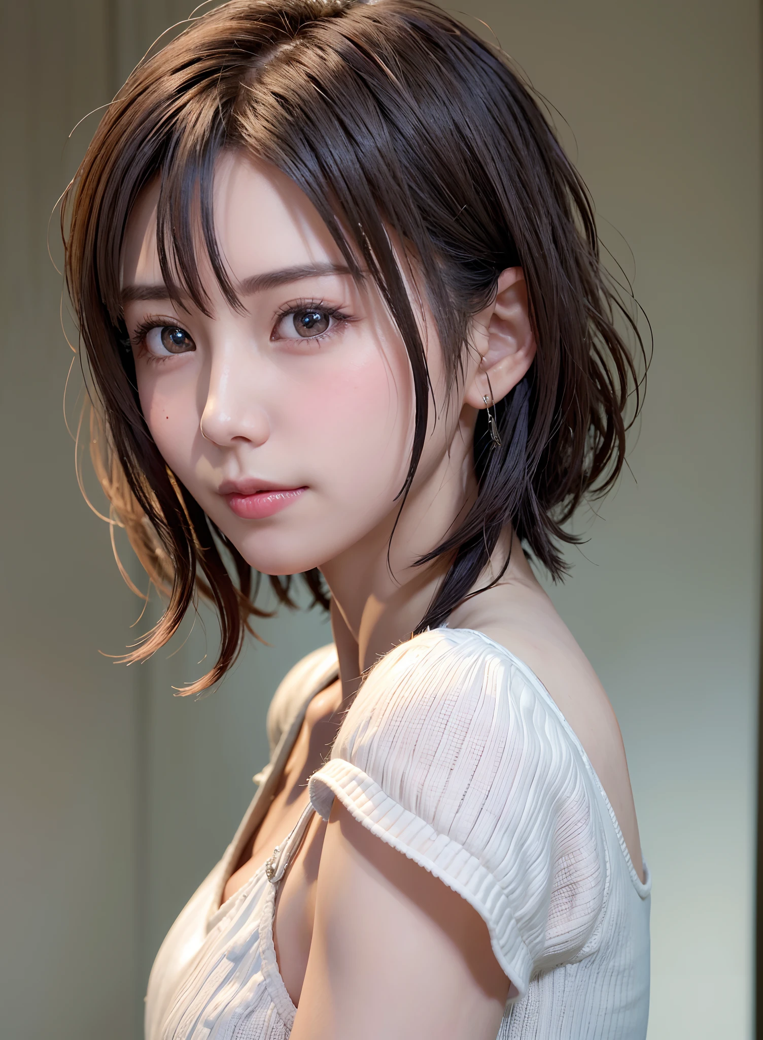Summer knit with short hair and white, summer knit, Short hair, short hair with bangs, Cute face girl, Cute little face in portrait, French Bob, pale fair skin!!, soft portrait shot 8 k, Beautiful light eyes, Beautiful young girl, Young girl in a bob cut, Top image quality, masutepiece
