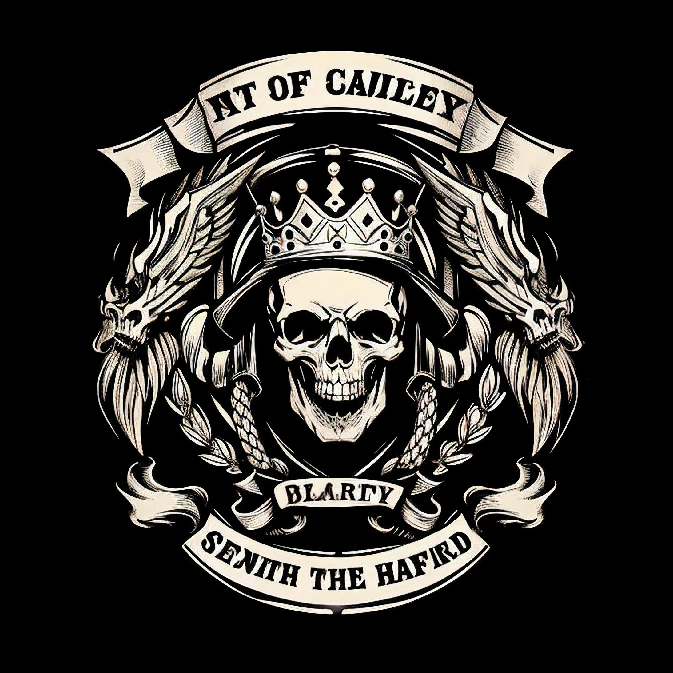 A skull wearing a crown and two swords,There is a flag on it, motorbikers race in hell, biker, skull helmet, There are no riders, skull design for a rock band, Motorcycles, harley davidson, rides, Ghost Rider, Heavy metal T-shirt design, motorcycle concept art, picture of a male biker, harley davidson motorbike, shoulder patch design, hell, motorbiker