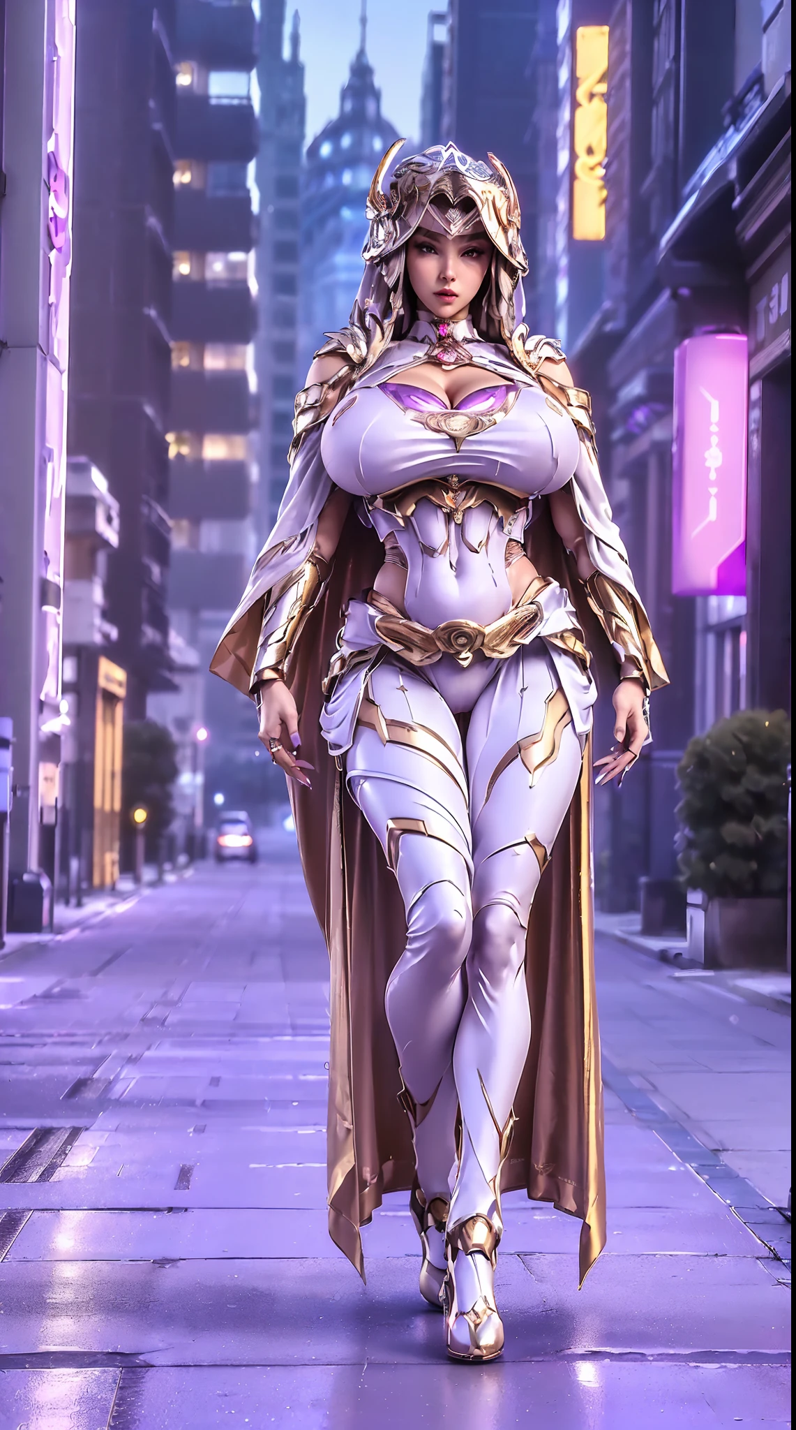 1GIRL, SOLO, HAIR ORNAMENT, (HUGE FAKE BOOBS:1.3), (WHITE, GOLD, PURPLE), (FUTURISTIC MECHA SUIT, EMPRESS CLOAK, CLEAVAGE:1.4), (SKINTIGHT YOGA PANTS, HIGH HEELS:1.2), (SEXY BODY, MUSCLE ABS, LONG LEGS, FULL BODY VIEW:1.5), (LOOKING AT VIEWER:1.5), (WALKING DOWN STREET CYBER NIGHT CITY:1.2), ULTRA HIGHT DEFINITION, 8K, 1080P.