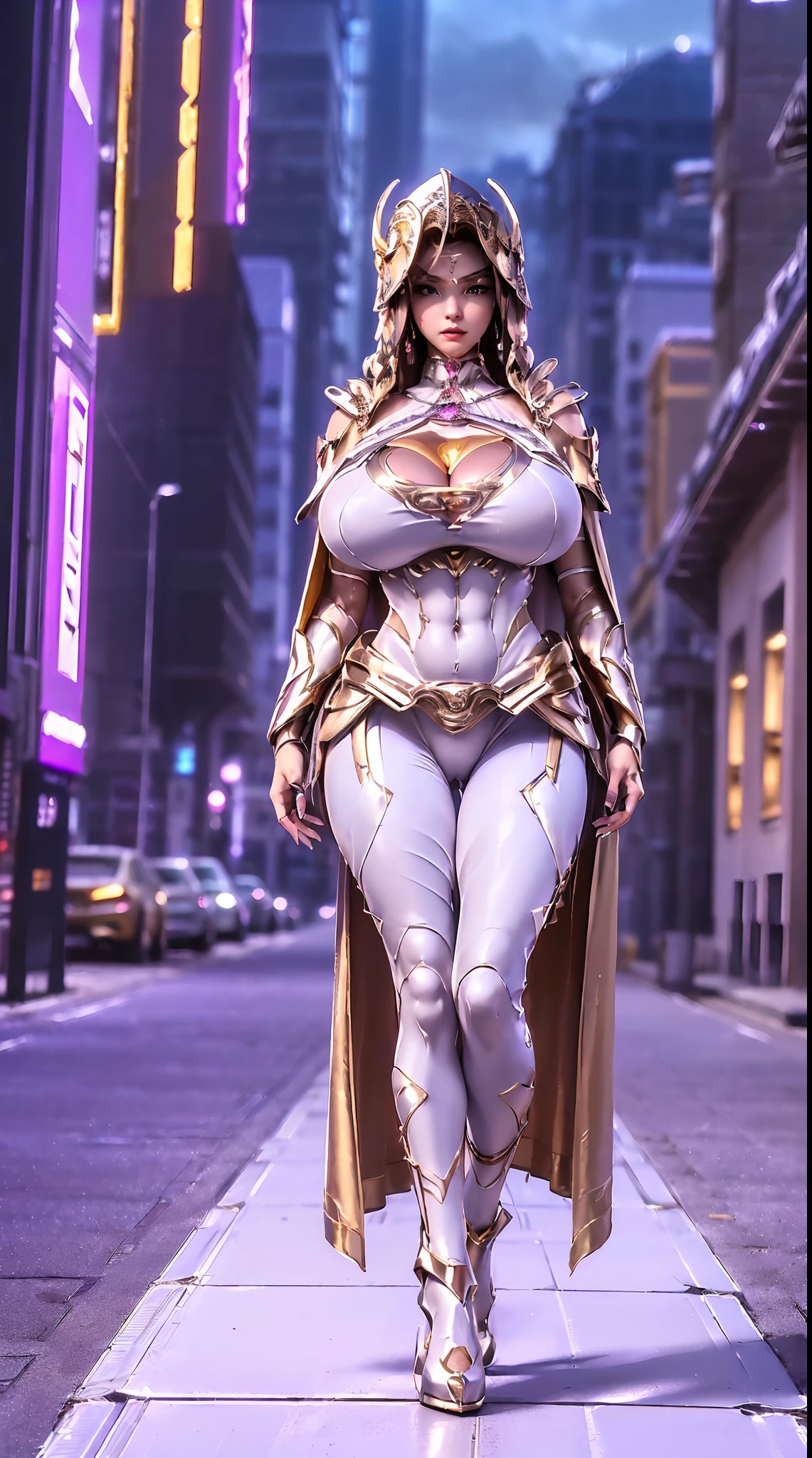 1GIRL, SOLO, HAIR ORNAMENT, (HUGE FAKE BOOBS:1.3), (WHITE, GOLD, PURPLE), (FUTURISTIC MECHA SUIT, EMPRESS CLOAK, CLEAVAGE:1.4), (SKINTIGHT YOGA PANTS, HIGH HEELS:1.2), (SEXY BODY, MUSCLE ABS, LONG LEGS, FULL BODY VIEW:1.5), (LOOKING AT VIEWER:1.5), (WALKING DOWN STREET CYBER NIGHT CITY:1.2), ULTRA HIGHT DEFINITION, 8K, 1080P.