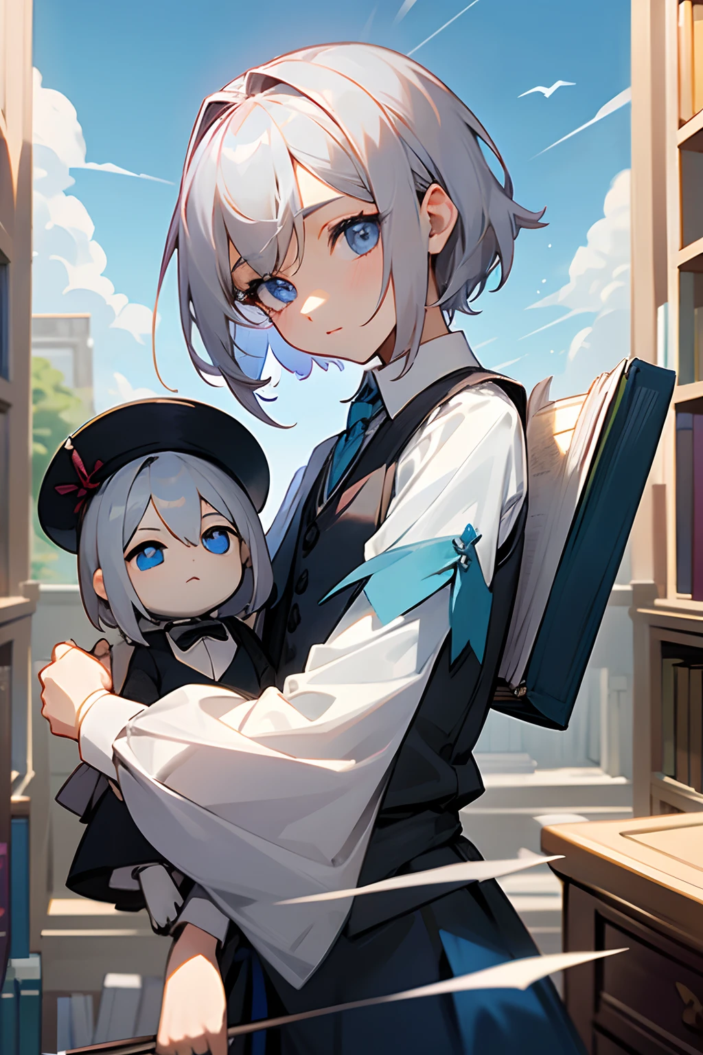 silber hair,blue eyess,short-haired,,shoun,Having a book,bookcase,ren,​​clouds,blue-sky,Cute,fleeting,The shirt,vests,gotik,doll