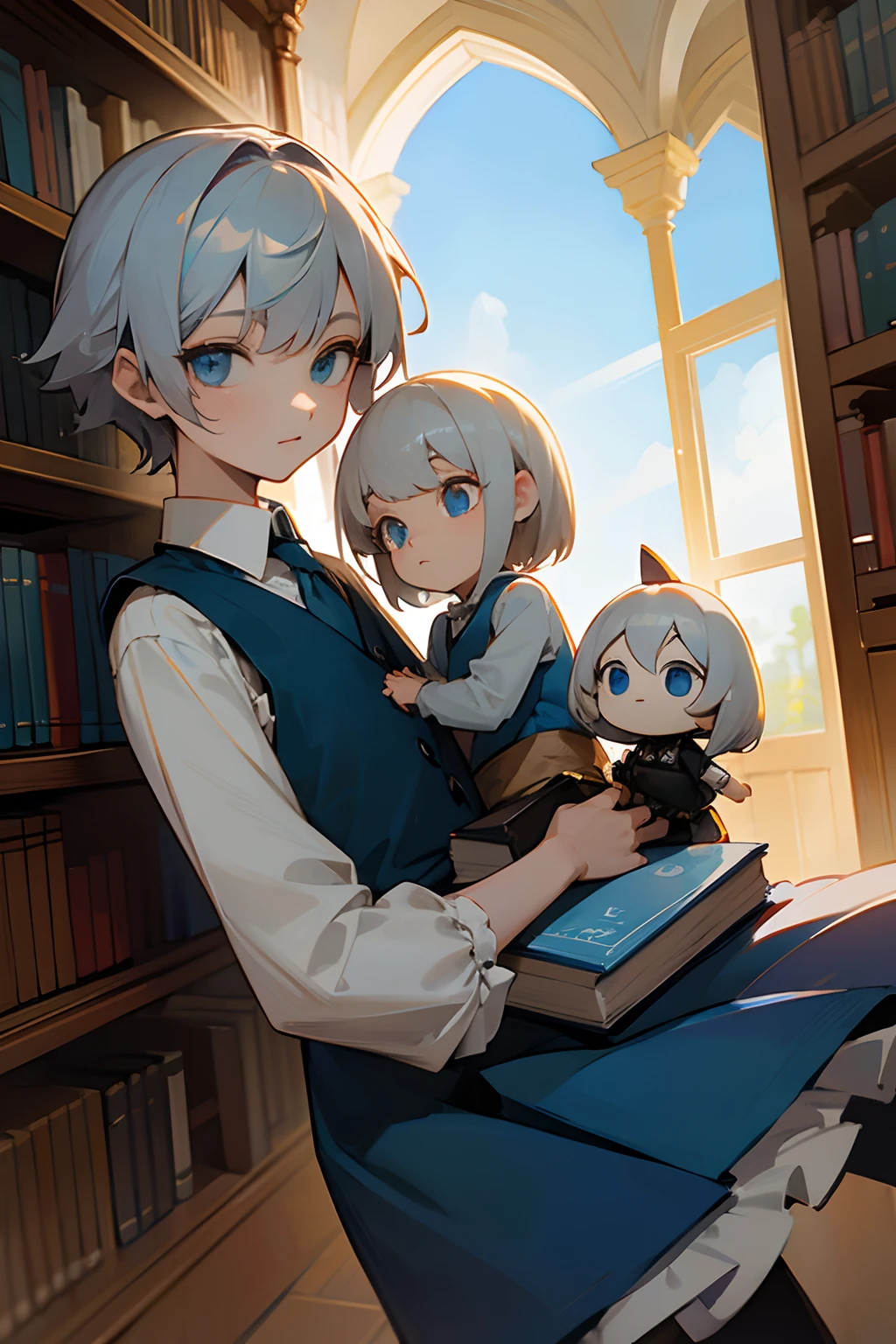 silber hair,blue eyess,short-haired,,shoun,Having a book,bookcase,ren,clouds,blue-sky,Cute,fleeting,The shirt,vests,gotik,doll