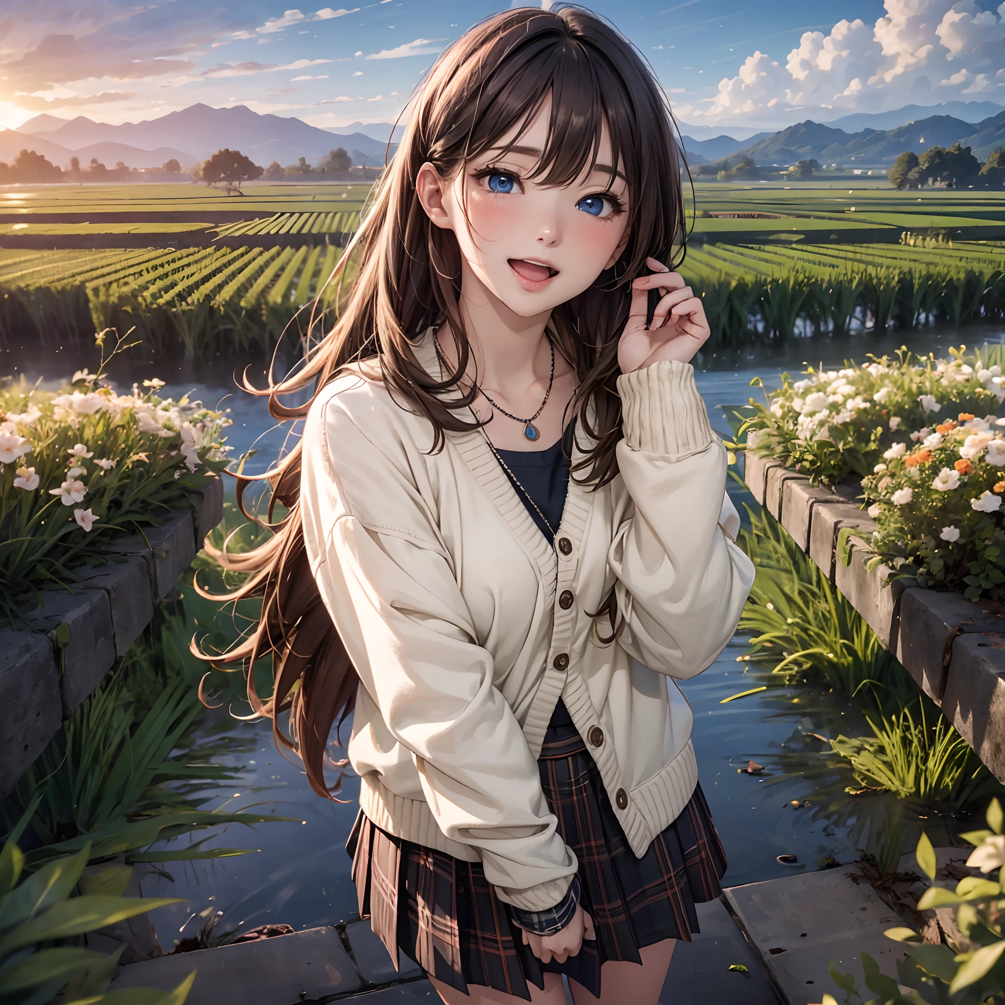 top quality, masterpiece, 1 woman, solo, 20 years old, (close eyes: 1.4), laugh with open mouth, looking at the camera, long hair with yellow gloss, brown cardigan, white underwear, black loafers, argyle check skirt, blushing, blue eyes, evening, a lot of rice fields, a big sunset, orange view, a small necklace,