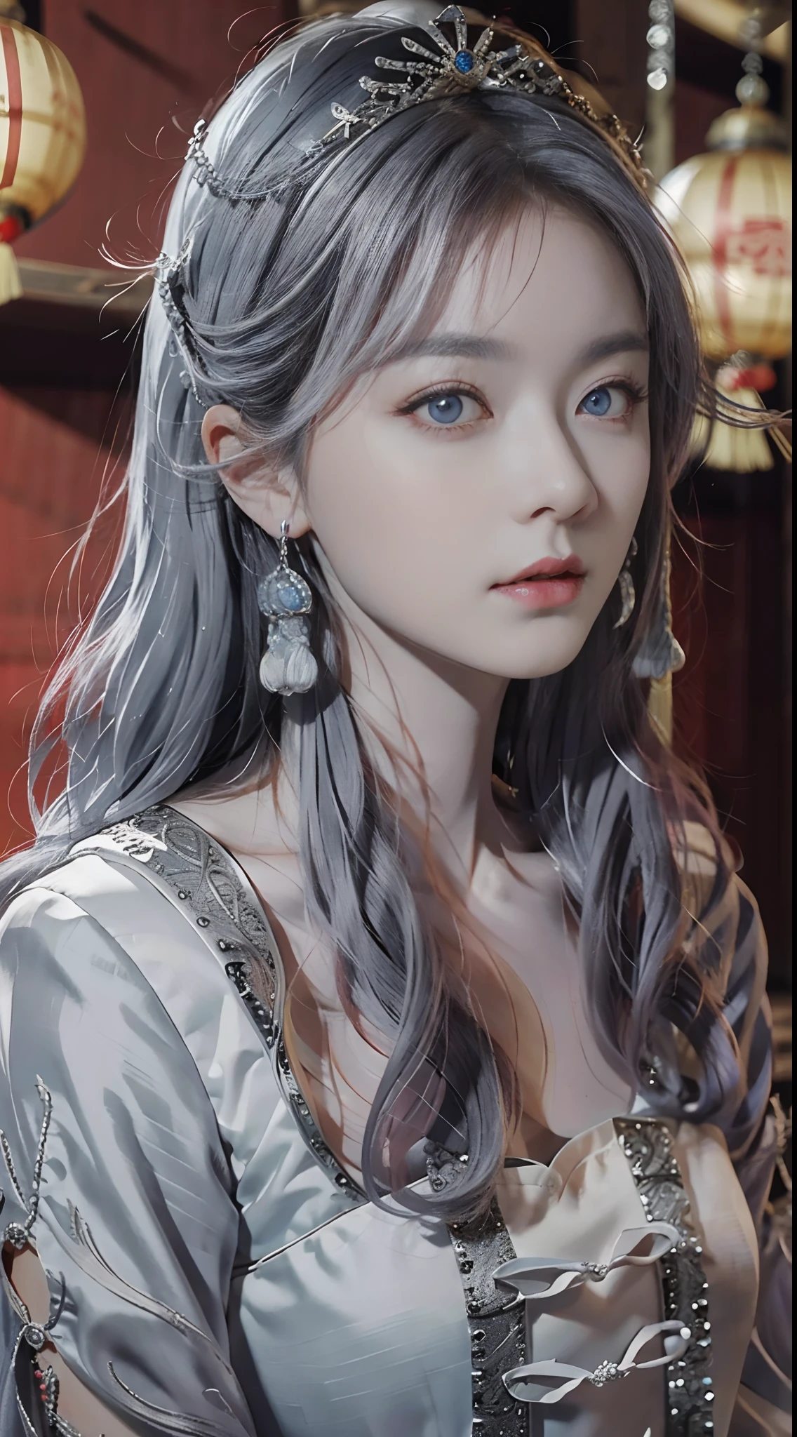 Masterpiece, Excellent, Chinese Imperial Palace, Chinese Style, Ancient China, 1 Woman, Mature Woman, Silver-White Long-Haired Woman, Gray-Blue Eyes, Pale Pink Lips, Cold, Serious, Effeminate, Bangs,